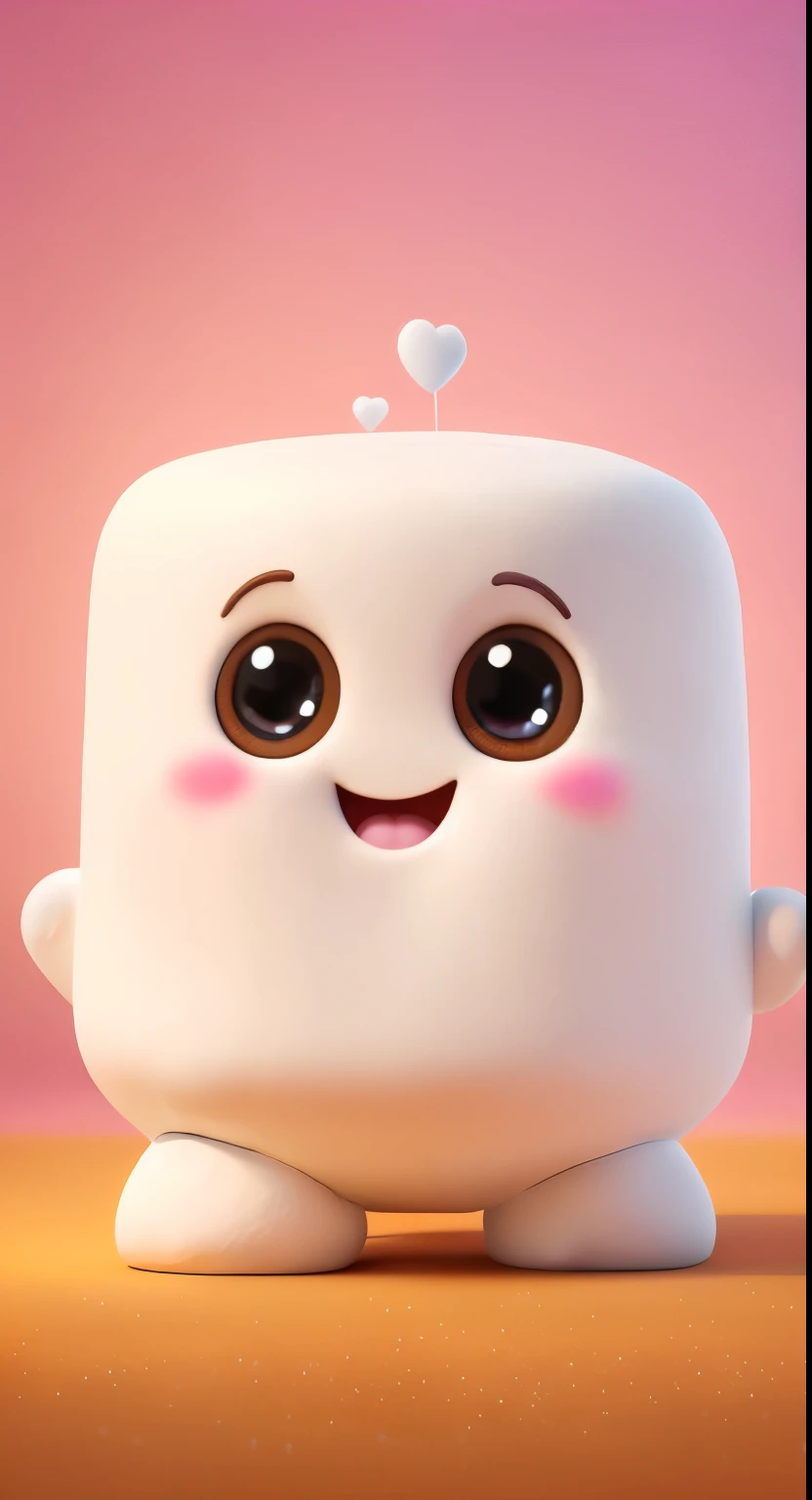A cute marshmallow character，With a sweet smile and big eyes，round face，Long arms extended in a welcoming gesture，Full of love atmosphere in a warm and comfortable background。