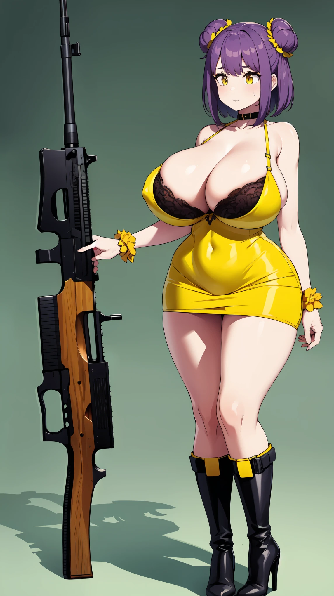 Slime girl, (slime), Slime hair Double buns hair style, Pumpkin Orange, weapon belt, Masterpiece, Best Quality, gigantic breasts, slime girl, slime girl, purple hair, lavender hair, yellow clothes, weapon belt around waistline, rifle, long rifle, AR-15 Rifle, assault rifle, exposed yellow bra, yellow clothing, wearing yellow clothing, fully body view, tight yellow dress, Rifle in hand, mature woman, gorgeous, perverted, sexy, yellow dress, exposed chest, exposed bra, exposed breast, black boots/heels, gold bracelets around wrist, holding rifle, aiming with rifle, tactical stance, tactical gear, sweaty body, long legs, tall woman, lustful yellow eyes, yellow lingerie 