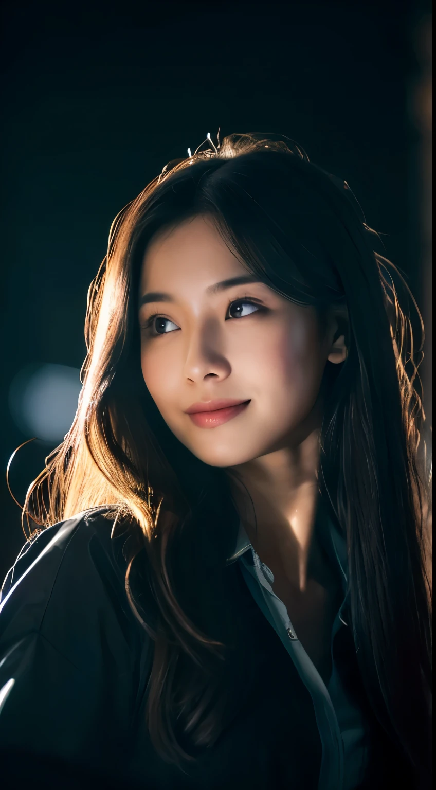 best quality, epic reality, ((in the pitch black darkness :1.4)), ((portrait:1.5)),(background: dark ) high contrast ,glorious picture, Minimum illumination, lighting Face, she's comFortable, nothing to wear, It seems, (8K, original photo, best quality),(epic reality:1.5), a woman, Face,(delicate eyes:0.8),(looking at camera:1.4), (best quality), ( high contrast, Deep shadows),intricate details,ish,((skin:1.4)), (long dark hair:1.3), long hair, messy ,(high dynamic range:1.5),detailed, color, upscale, masterpiece, original photo (20 years old, looking at the audience), beautiFul, (wearing a regular shirt,), perFect, Nature, perFect composition, portrait, perFect Face, Smile expression, charming eyes, Bright details, closed lips, (高skin细节),, (blue tint: 0.6), (Sale: 0.8), (bloody: 0.7), Accent lighting , (backlight: 0.5), Medium depth oF Field, canon 5d, 50mm lens, F/4 apertures, (Super detailed, intricate details), sharp Focus, soFt color, 8K, absurd, 80mm, dark background, photography, Smile,Moderate ,