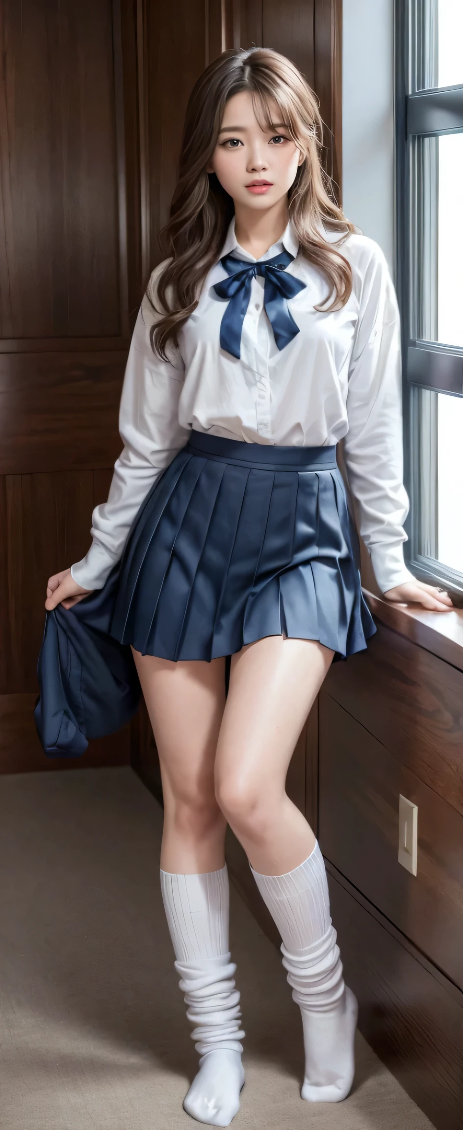 (highest quality, High resolution, masterpiece :1.3,whole body), Blue uniform ribbon around neck,(wearing loose socks),(black pleated mini skirt),white socks,tall and beautiful woman, thin abs, loose wavy dark brown hair, chest,upper body nude, (modern architecture room), Accurately express details such as faces and skin textures, fine eyes, double eyelid
