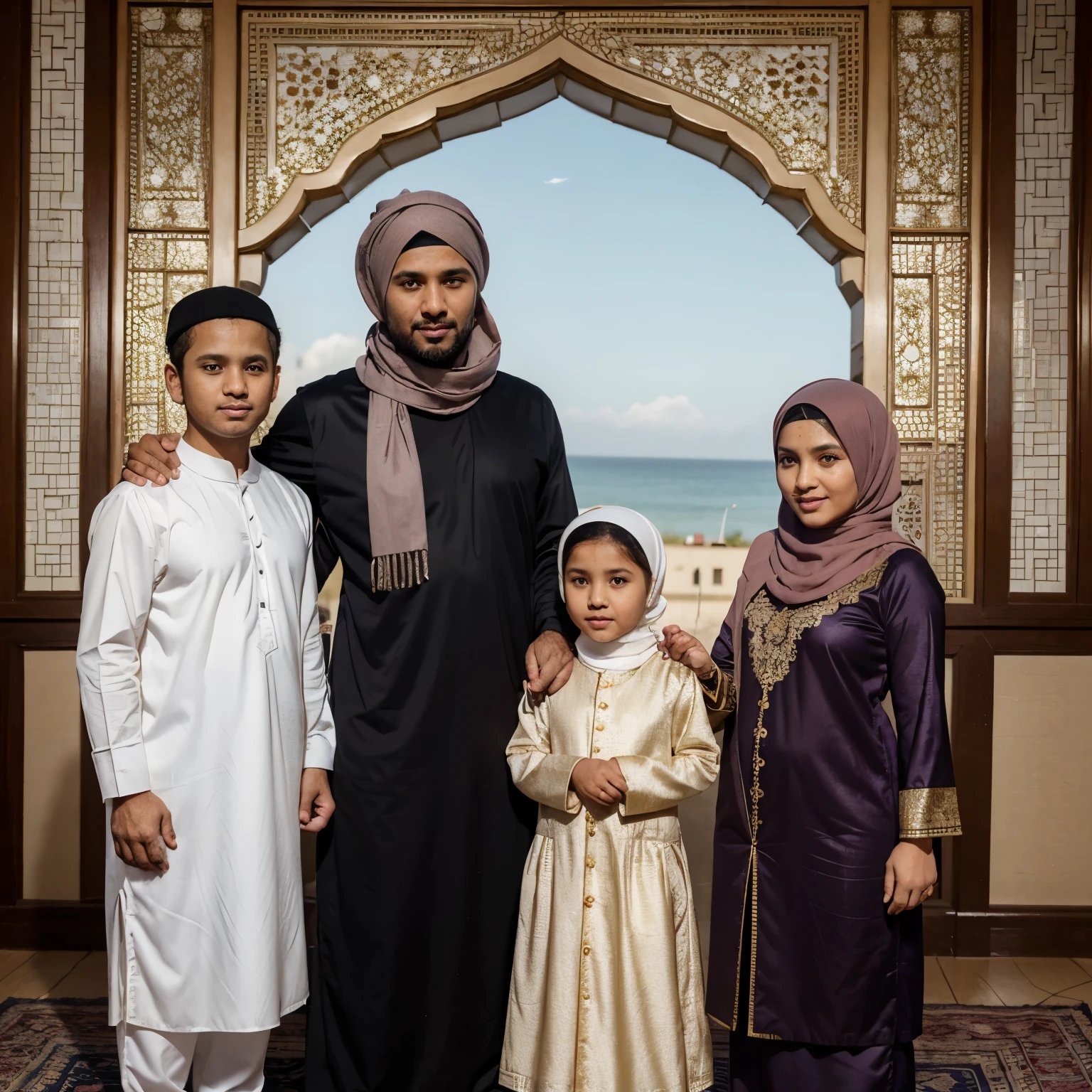 a 34 year old man wearing Muslim clothes, a 34 year old woman wearing a Muslim hijab, a  boy wearing Muslim clothes, a 7 year old ging a hijab wearing Muslim clothes, sorry hand pose with Eid al-Fitr background. Eid al-Fitr ornaments authentic Indonesian family with an Eid al-Fitr atmosphere