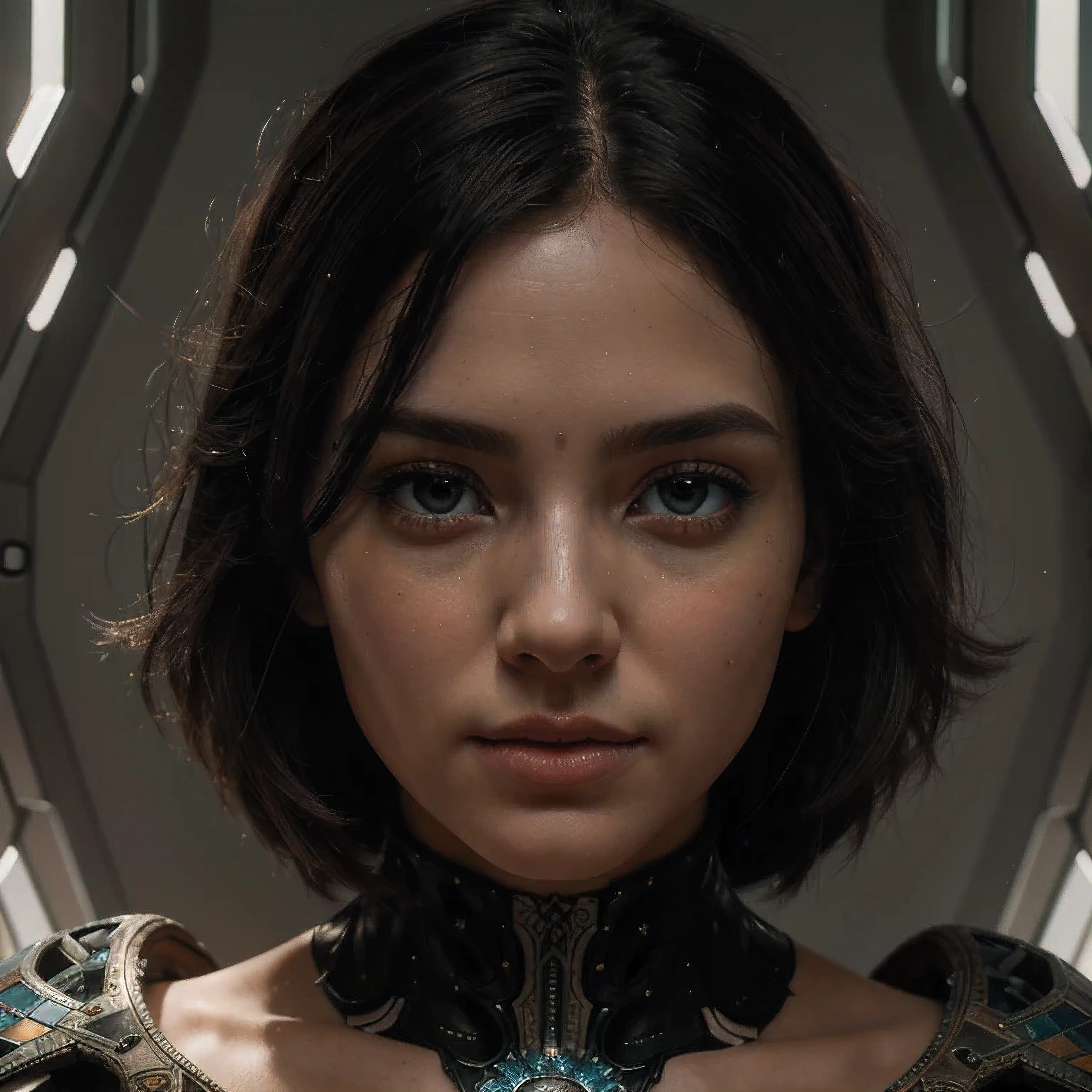 Photo of adepta sororitas, argent shroud, full armor, full metal armor, Christina Chong beautiful face, narrowed eyes. smirk. black braided hair with narrowed eyes, wearing intricate ornamented metal armor, stern face,, solo, (female:1.2), epic, platinum white armor, white pelvic curtain, bronze trimmings, , facial scar, iron halo, ((upper body:1.3)) focus, close-up, banner background,