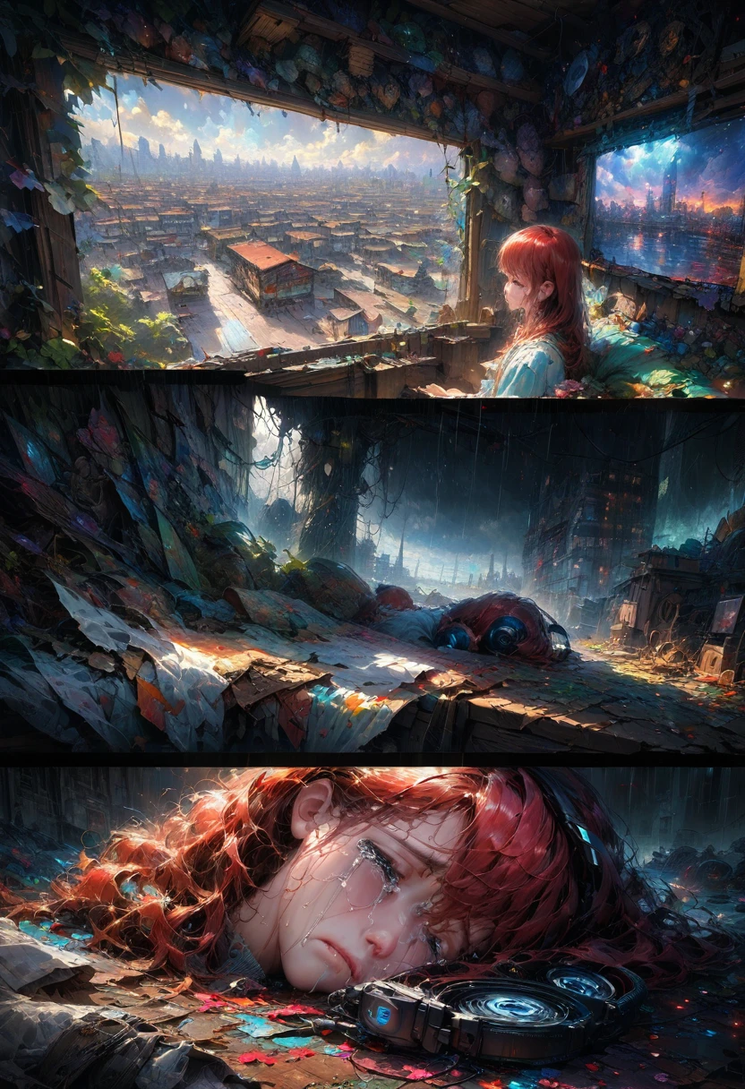 comic art style, anime realism, girl with short redhair, (sad crying, shed tears:1.5), lying, squall, headphones, window with view on nightcity, outside rainly, neon, wail, yowl, (best quality, perfect masterpiece, Representative work, official art, Professional, high details, Ultra intricate detailed:1.3)