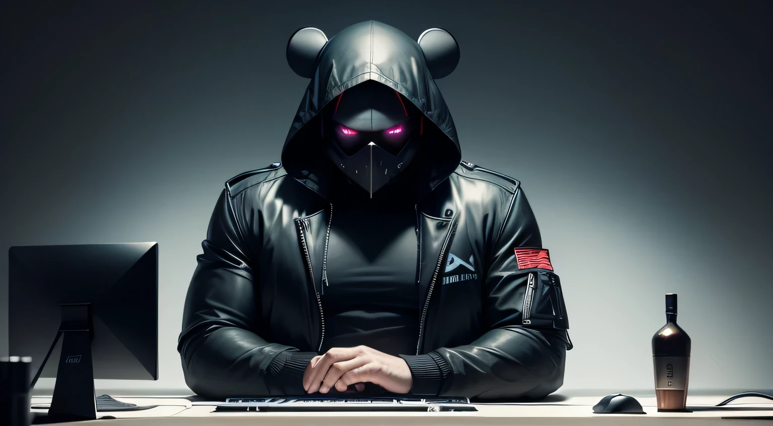 The Evil Hacker,dark art, plump face, simple face, behind the keyboard and mouse, inscription on the martini vibe jacket, Darknet,darken,4K - Auto