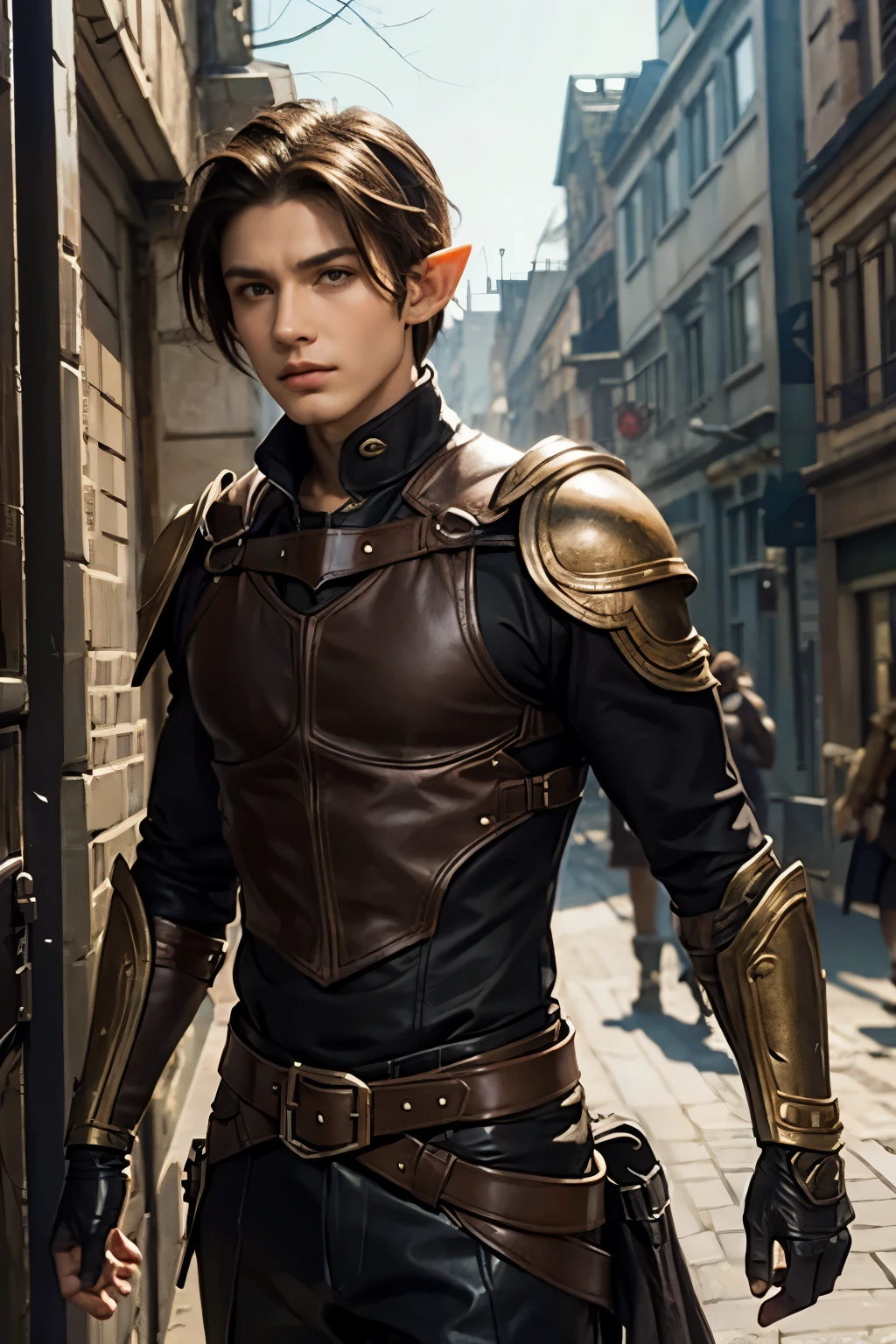 elf thief boy with cropped brown hair and brown eyes in leather armor