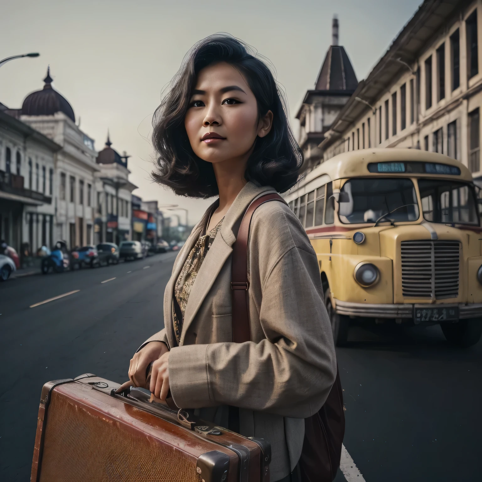 raw mode photo, vintage portrait of an Asian woman in retro 90's style, holding a suitcase, standing on a road with an old bus from a distance, dynamic lighting, best angle, sideways portrait, sharp focus, retro vintage photo, background of the city of Jogja in the past  with an old old building, looking at the camera