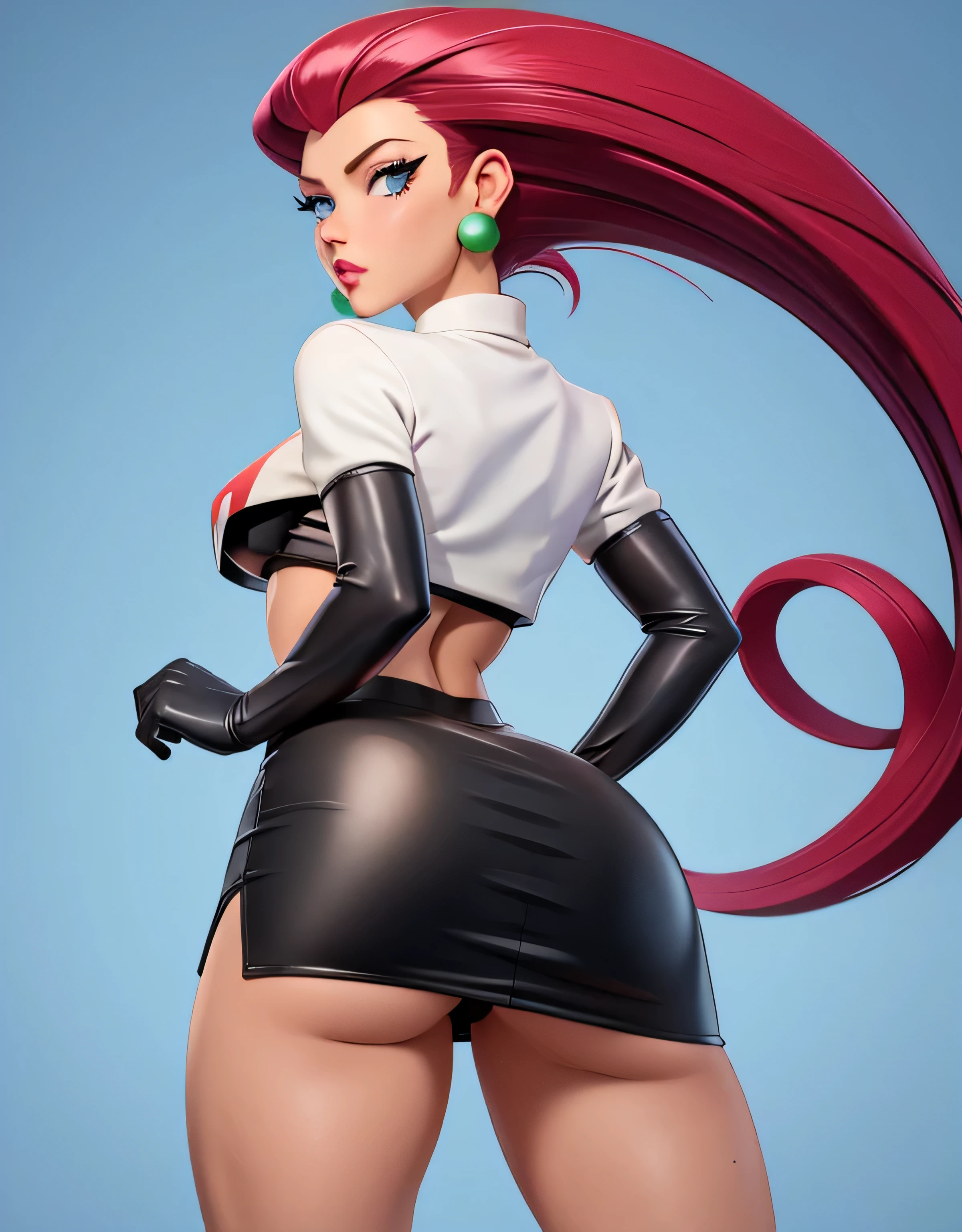 jessie\(pokemon\), hair slicked back, team rocket outfit, solo, crop top, gloves, jewelry, earrings, long hair, elbow gloves, blue eyes, black gloves, team rocket, breasts, red hair, thighs, very long hair, in back pose, show her booty, focus on her ass, mini skirt.( LIFTING HER MINI SKIRT WITH HER HANDS, SHOW HER BOOTY) ULTRA SEXY