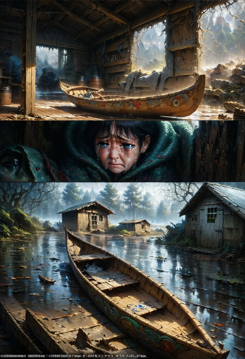 comic art style, anime realism, (sad crying, shed tears:1.5), Canoe, scared, cold, wail, yowl, (best quality, perfect masterpiece, Representative work, official art, Professional, high details, Ultra intricate detailed:1.3)