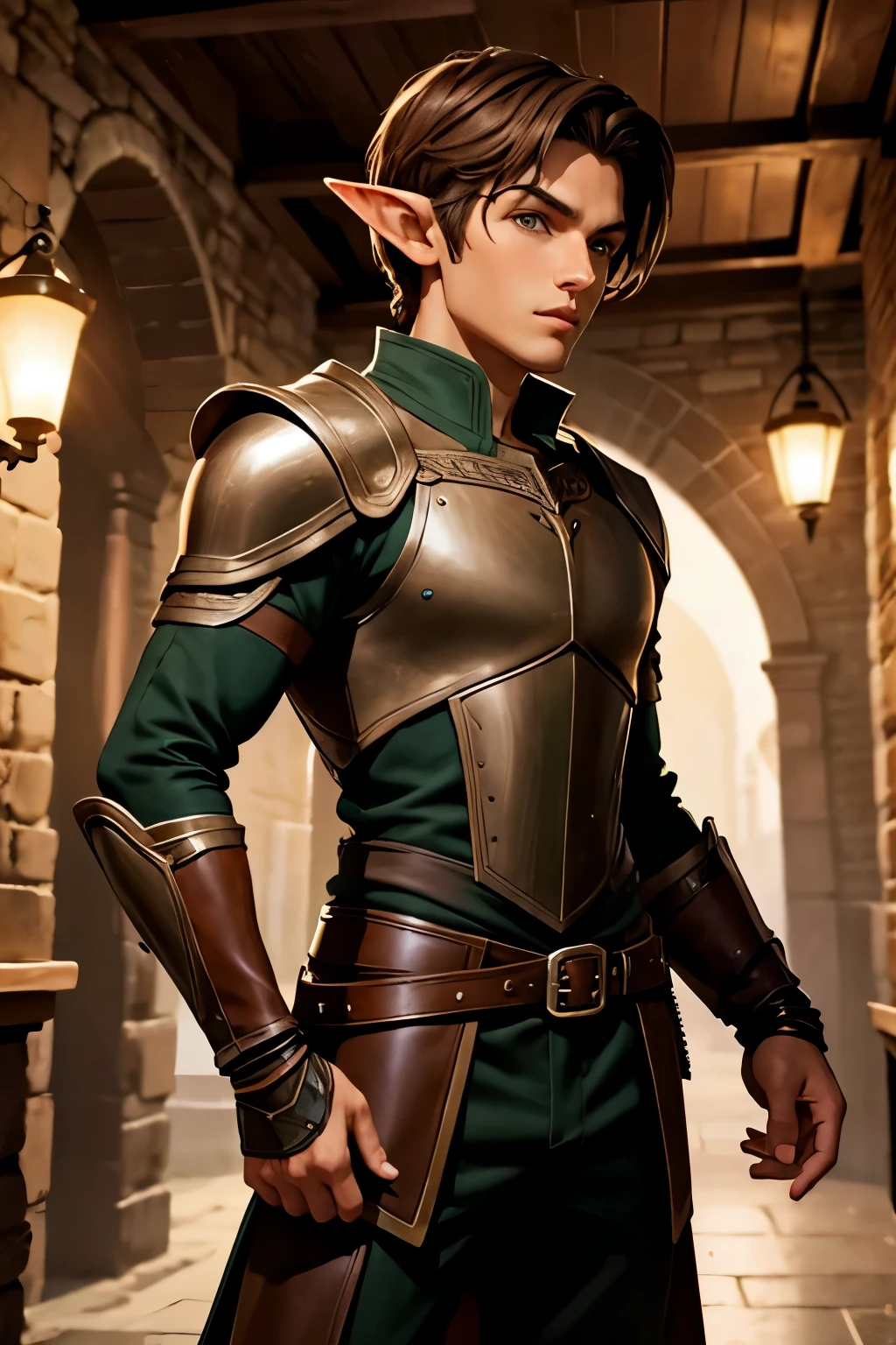 elf thief boy with cropped brown hair and brown eyes in leather armor