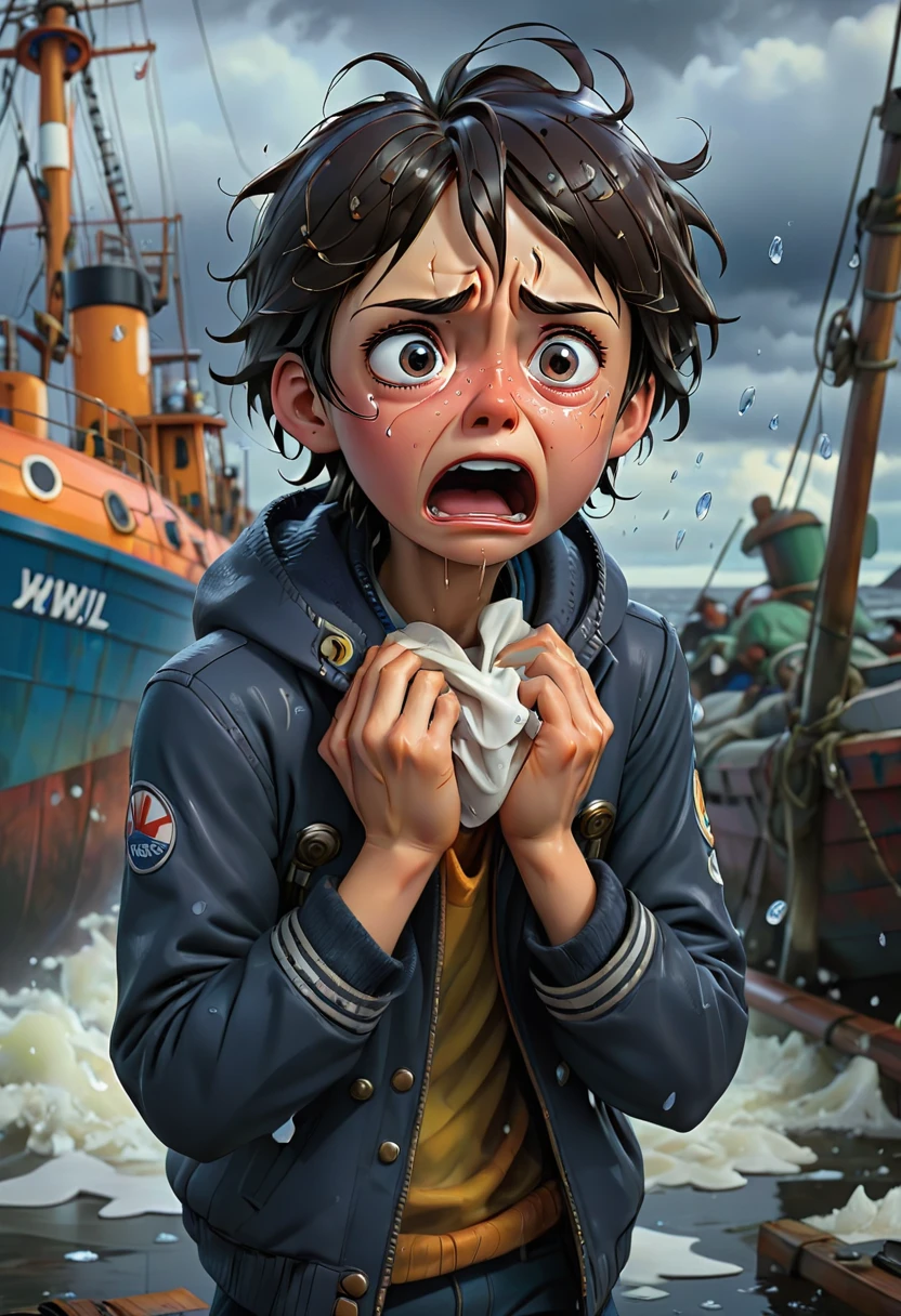 comic art style, anime realism, (sad crying, shed tears:1.5), Lifeboat, scared, cold, wail, yowl, (best quality, perfect masterpiece, Representative work, official art, Professional, high details, Ultra intricate detailed:1.3)