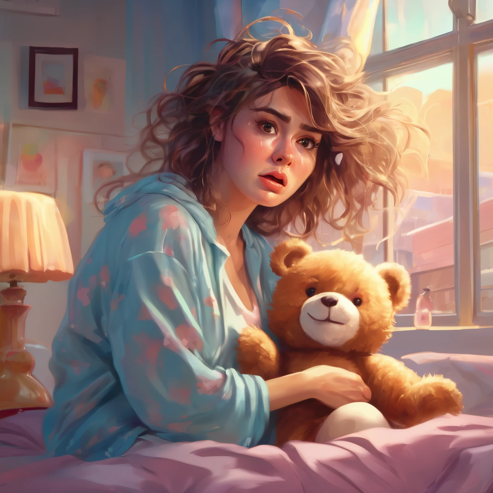 (highres,realistic:1.2),cute woman,mad woman,cartoonishly exaggerated sobbing,puffy cheeks,puffy eyes,tears shooting out like little streams of water,holding teddy bear,emotional meltdown,cute and expressive facial expressions,soft pastel colors,dramatic lighting,vibrant background,realistic tears,delicate textures,satin material for her pajamas,comfortable bedroom setting,soft sunlight filtering through the window,warm and cozy atmosphere,messy hair flying in the air