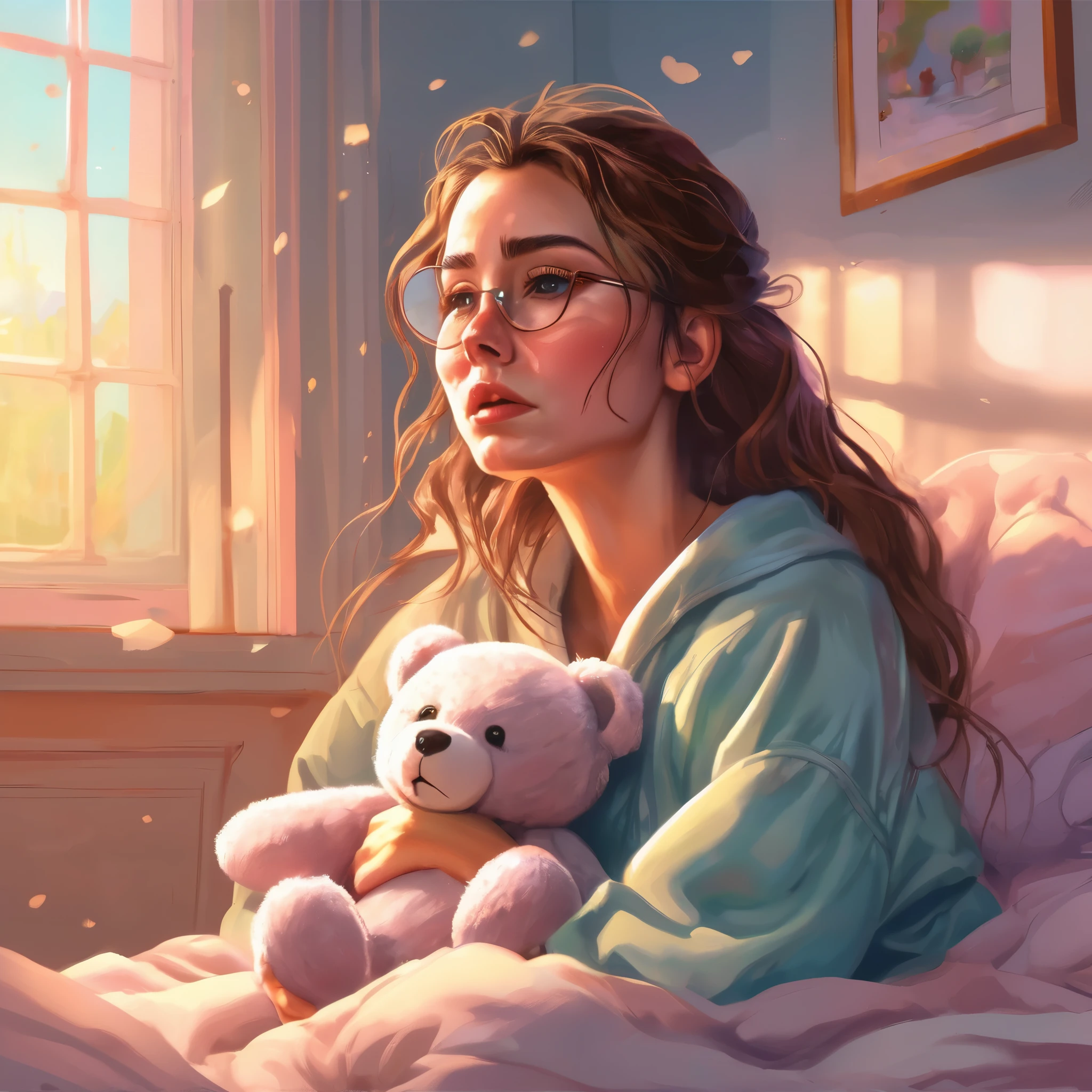 (highres,realistic:1.2),cute woman,mad woman,cartoonishly exaggerated sobbing,puffy cheeks,puffy eyes,tears shooting out like little streams of water,holding teddy bear,emotional meltdown,cute and expressive facial expressions,soft pastel colors,dramatic lighting,vibrant background,realistic tears,delicate textures,satin material for her pajamas,comfortable bedroom setting,soft sunlight filtering through the window,warm and cozy atmosphere,messy hair flying in the air