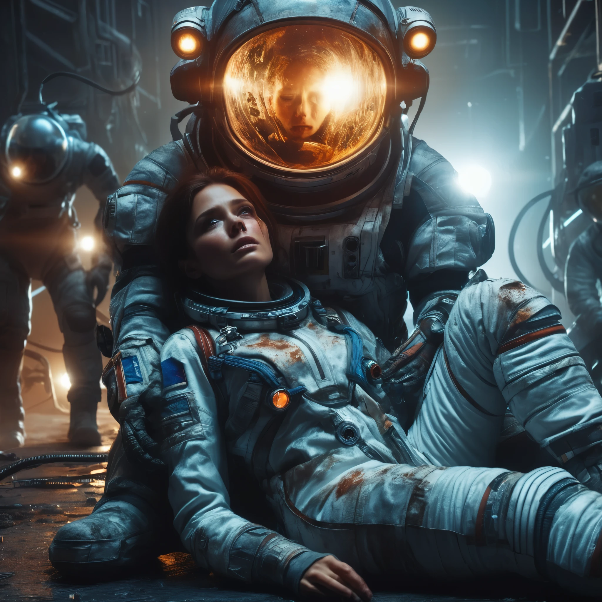 dark sci-fi art, realistic, a woman in a space suit laying on the ground next to a man in space suit,, depicted as a scifi scene, futuristic astronaut, a close up of a woman in a space suit and a man in a suit, realistic photo, dark sci-fi, horror, man and woman in wrecked space suits and helmets, space shuttle disaster, strange alien planet, injured people, crying, tears, despair, wrecked suits, frozen bodies, cinematic techniques, film grain, shallow depth of field, HDR, beautiful lighting, award winning scifi art, depicted as a scifi scene, wojtek fus, sci-fi cinematic movie still, detailed sci-fi art, cry, tears, 