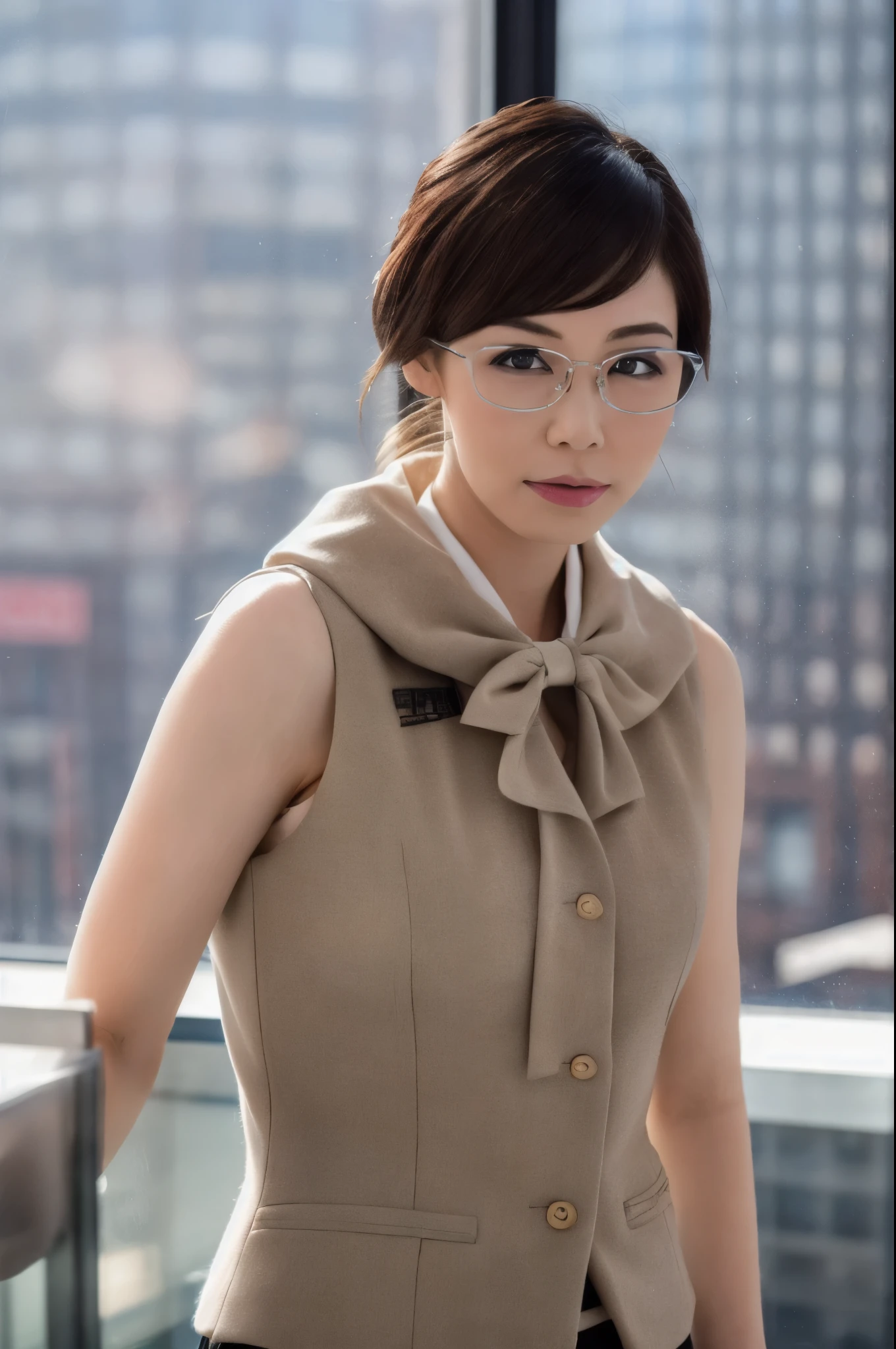 1lady, matured female, vest, bow, photo, realistic, best quality, hires, detailed face, office, buildings from window, detailed background, diffused sunlight, depth of field, bokeh