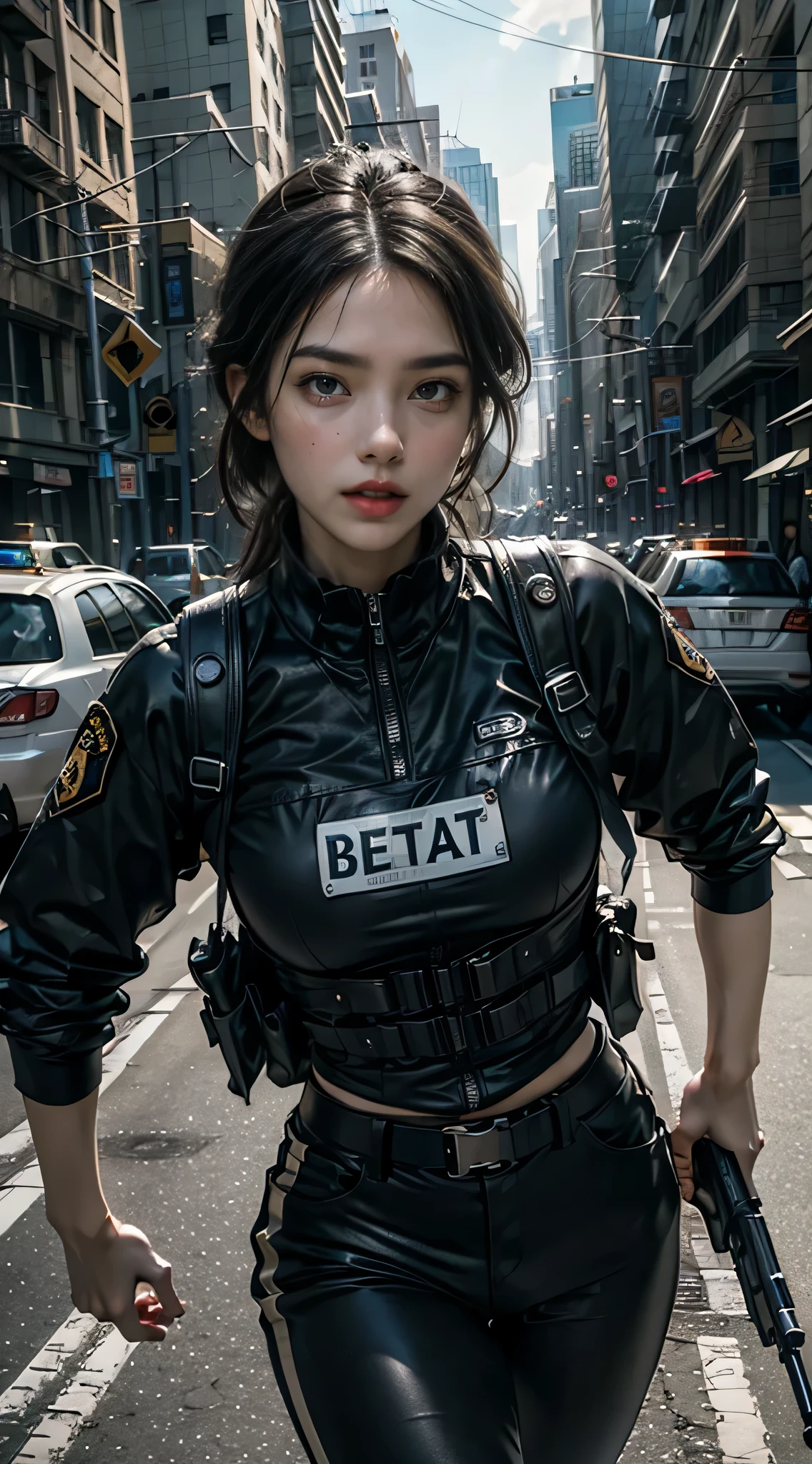 8k, top-quality, （pubic hair beauty）、hight resolution, lifelike, realperson, the met、(((Female Detective)))、chasing the criminal、((Desperate face))、Running and sweating、desperate、SWAT Vest, gun