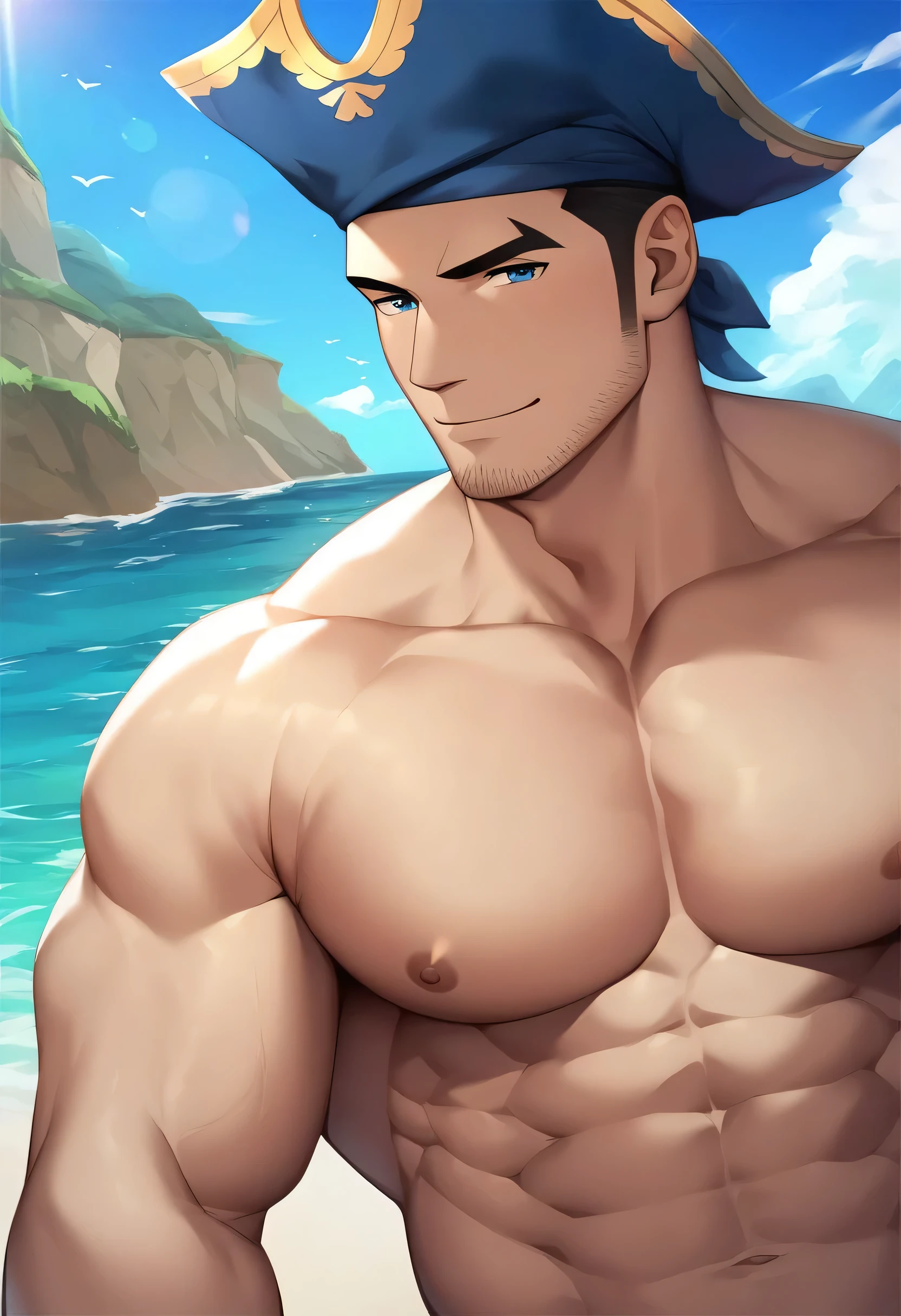 Fraction_9, Fraction_8_up, Fraction_7_up, Fraction_6_up, Fraction_5_up, Fraction_4_up, male focus, src_Japanese cartoons, only, grimace, vector_Art, flat 2d:1.2), Ocean盗, Ocean, topless, stubble, blue sleeveless jacket, closure_Mouth