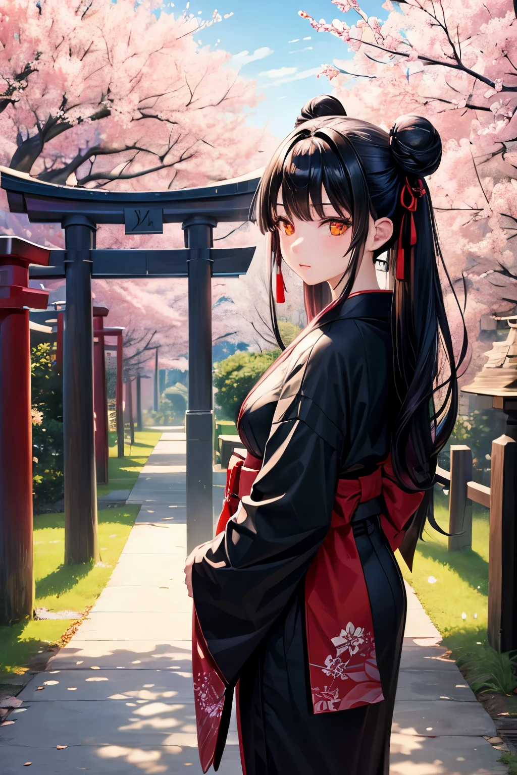 ((masterpiece,best quality)),2girls, black kimono, black legwear, black ribbon, black hair, cherry blossoms, day, flower, hair bun, hair ribbon, japanese clothes, kimono, long hair, looking at viewer, looking back , multiple girls, belts, outdoors, red eyes, red hair, ribbon, sandals, single bun, stairs, standing, statue, torii, tree, white kimono, yellow eyes
