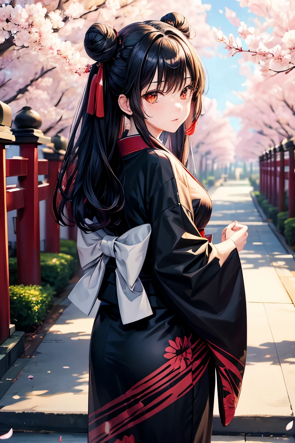 ((masterpiece,best quality)),2girls, black kimono, black legwear, black ribbon, black hair, cherry blossoms, day, flower, hair bun, hair ribbon, japanese clothes, kimono, long hair, looking at viewer, looking back , multiple girls, belts, outdoors, red eyes, red hair, ribbon, sandals, single bun, stairs, standing, statue, torii, tree, white kimono, yellow eyes