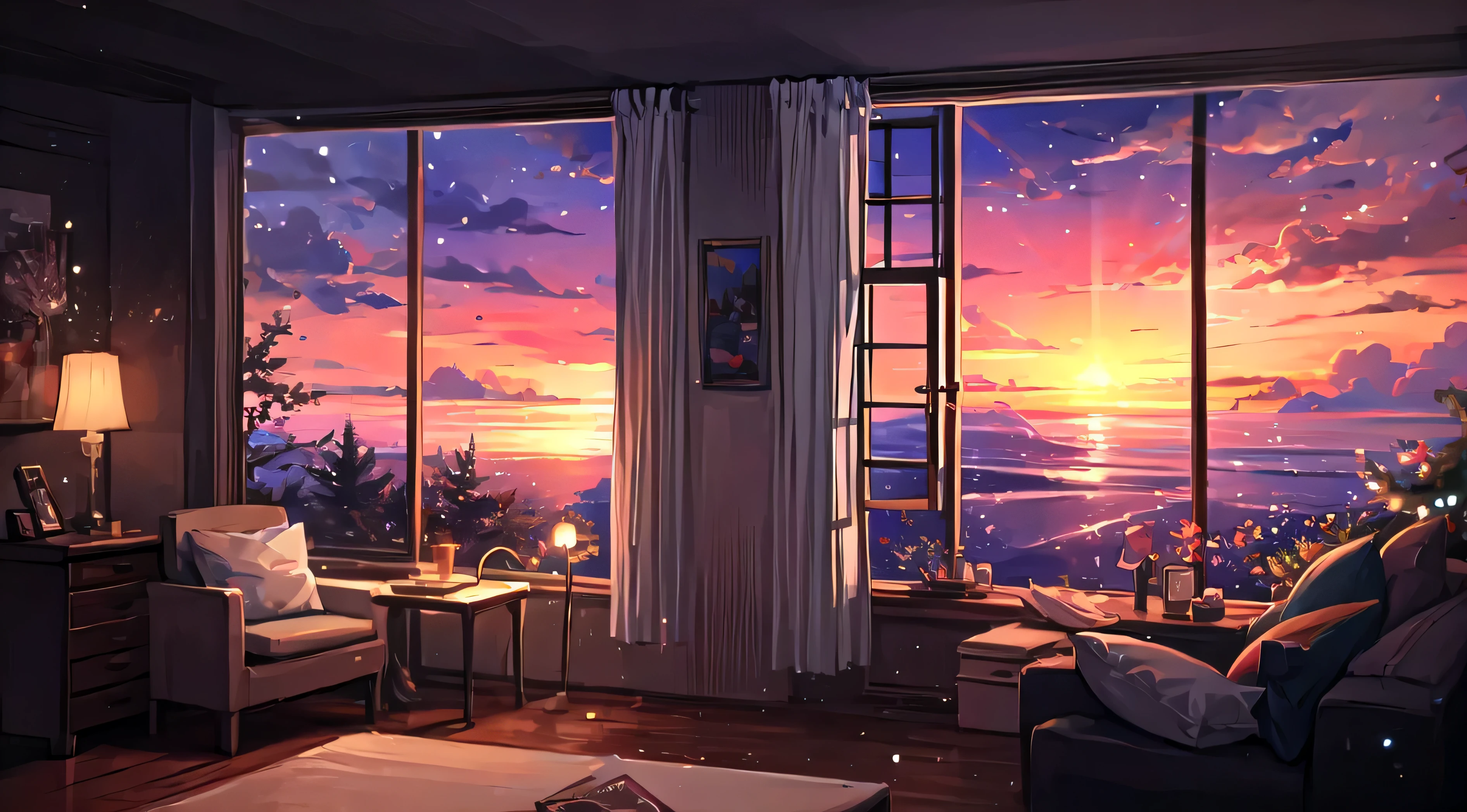 arafed view of a living room with a a window, cozy wallpaper, cozy home background, cozy environment, watching the sun set. anime, anime background, relaxing environment, cozy place, relaxing atmosphere, warm beautiful scene, anime background art, cozy room, cozy atmospheric, personal room background, cozy living room background, beautiful anime scene, cozy atmosphere, no christmas tree