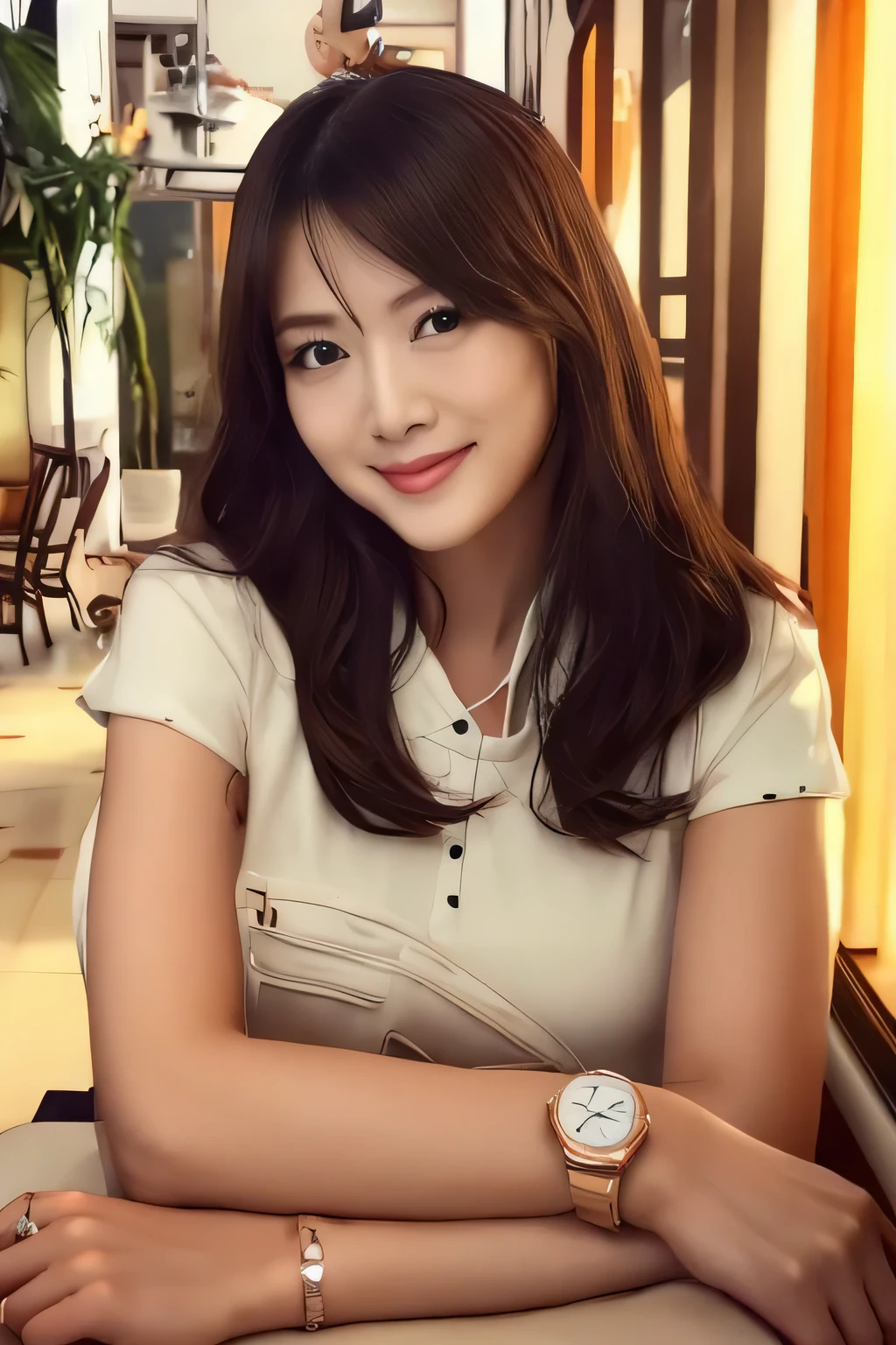 there is a woman sitting at a table with a watch on her wrist, attractive girl, slight cute smile, very beautiful girl, lovely woman, cute beautiful, lovely smile, young and cute girl, handsome girl, asian girl, girl cute-fine-face, dilraba dilmurat, beautiful asian girl, anime thai girl, chinese girl, young asian girl
