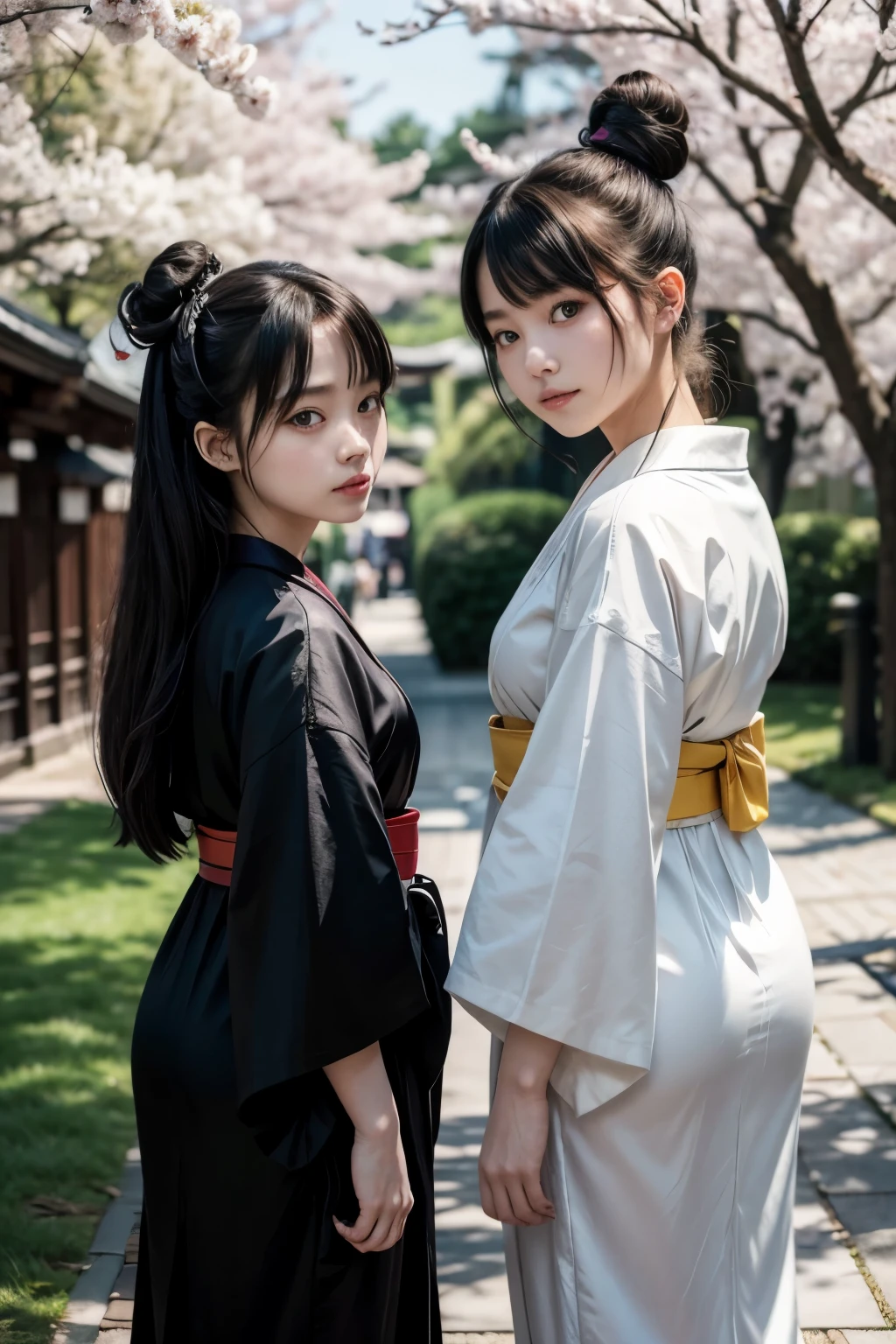 ((masterpiece,best quality)),2girls, black kimono, black legwear, black ribbon, black hair, cherry blossoms, day, flower, hair bun, hair ribbon, japanese clothes, kimono, long hair, looking at viewer, looking back , multiple girls, belts, outdoors, red eyes, red hair, ribbon, sandals, single bun, stairs, standing, statue, torii, tree, white kimono, yellow eyes