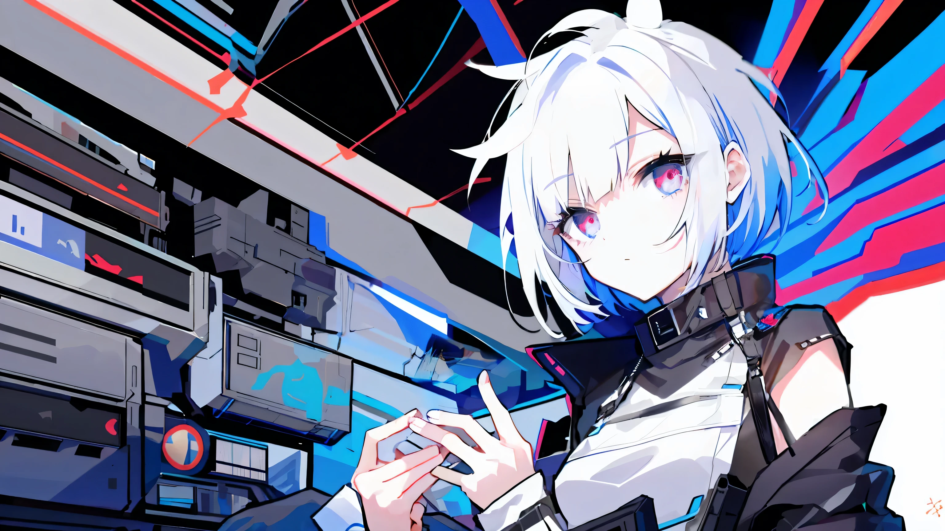 1 girl, dull bangs, gray hair, short hair, cyber punk, Doyagao,