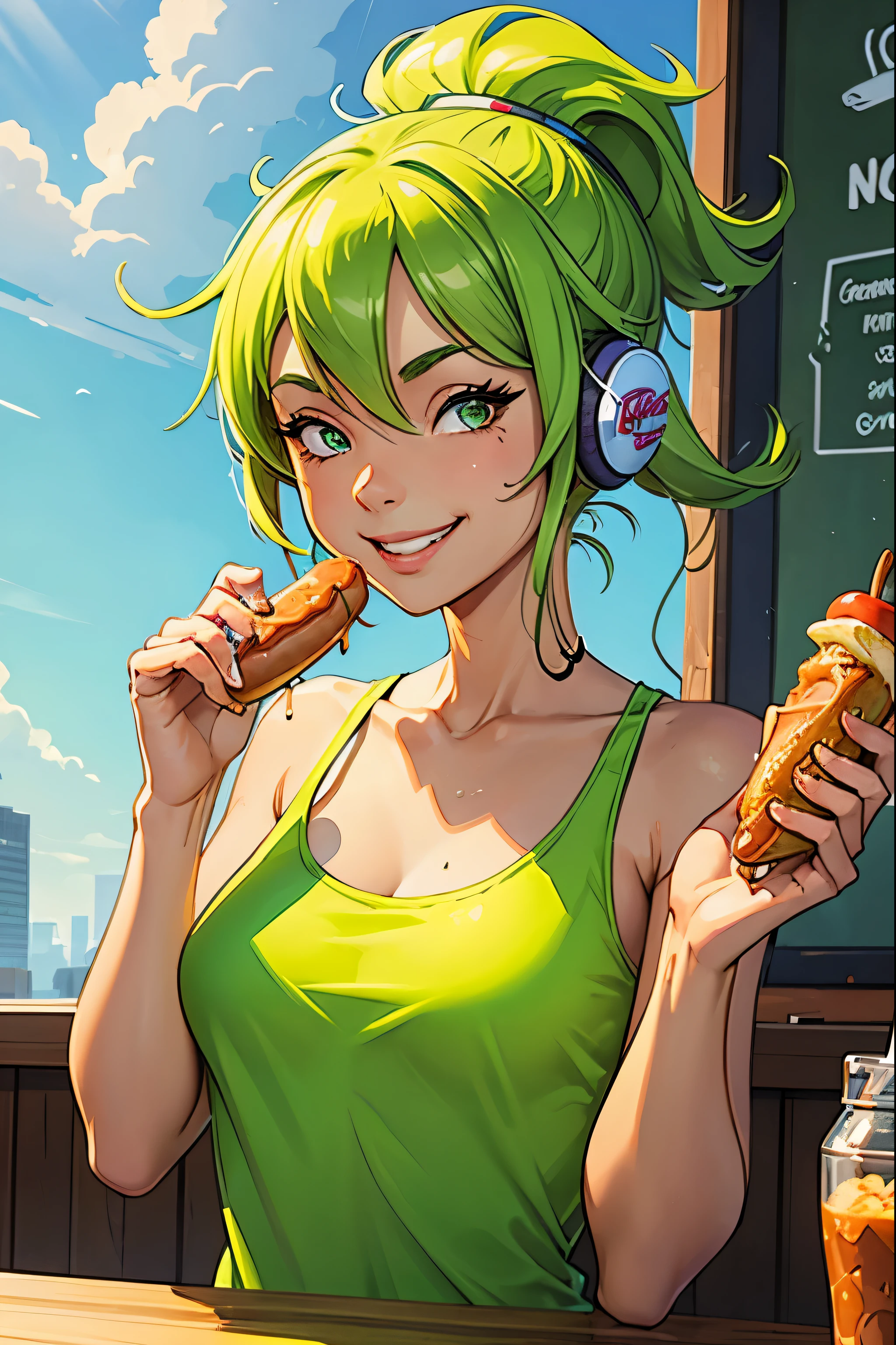 Woman wearing a poncho, tight tank top and tight hot pants eating tacos, tortillas and nachos at a Mexican food stall highest quality There is a bottle of coke on the table