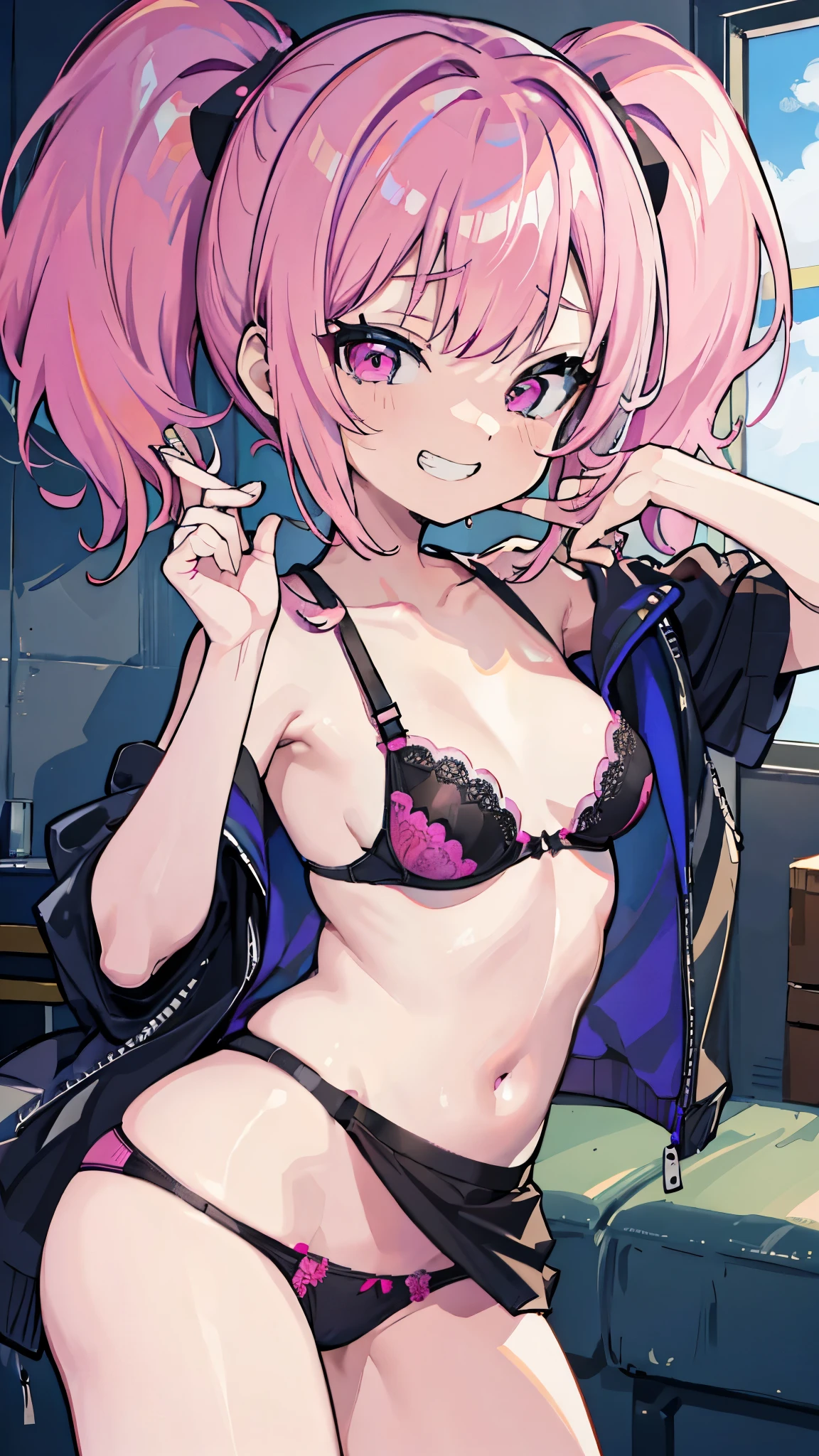 (8K、Highest image quality、highest quality、masterpiece)、detailed face、((one li))、pink hair、short twintails、pink eyes、evil smile、((grin))、small breasts、((pink black bra))、((pink panties))、cowboy shot、Gym storeroom