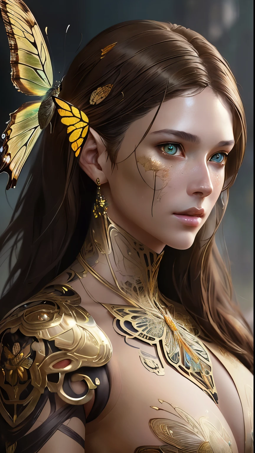 8k portrait of beautiful cyborg with brown hair, intricate, elegant, highly detailed, majestic, digital photography, art by artgerm and ruan jia and greg rutkowski surreal painting gold butterfly filigree, broken glass, (masterpiece, sidelighting, finely detailed beautiful eyes: 1.2), hdr, 