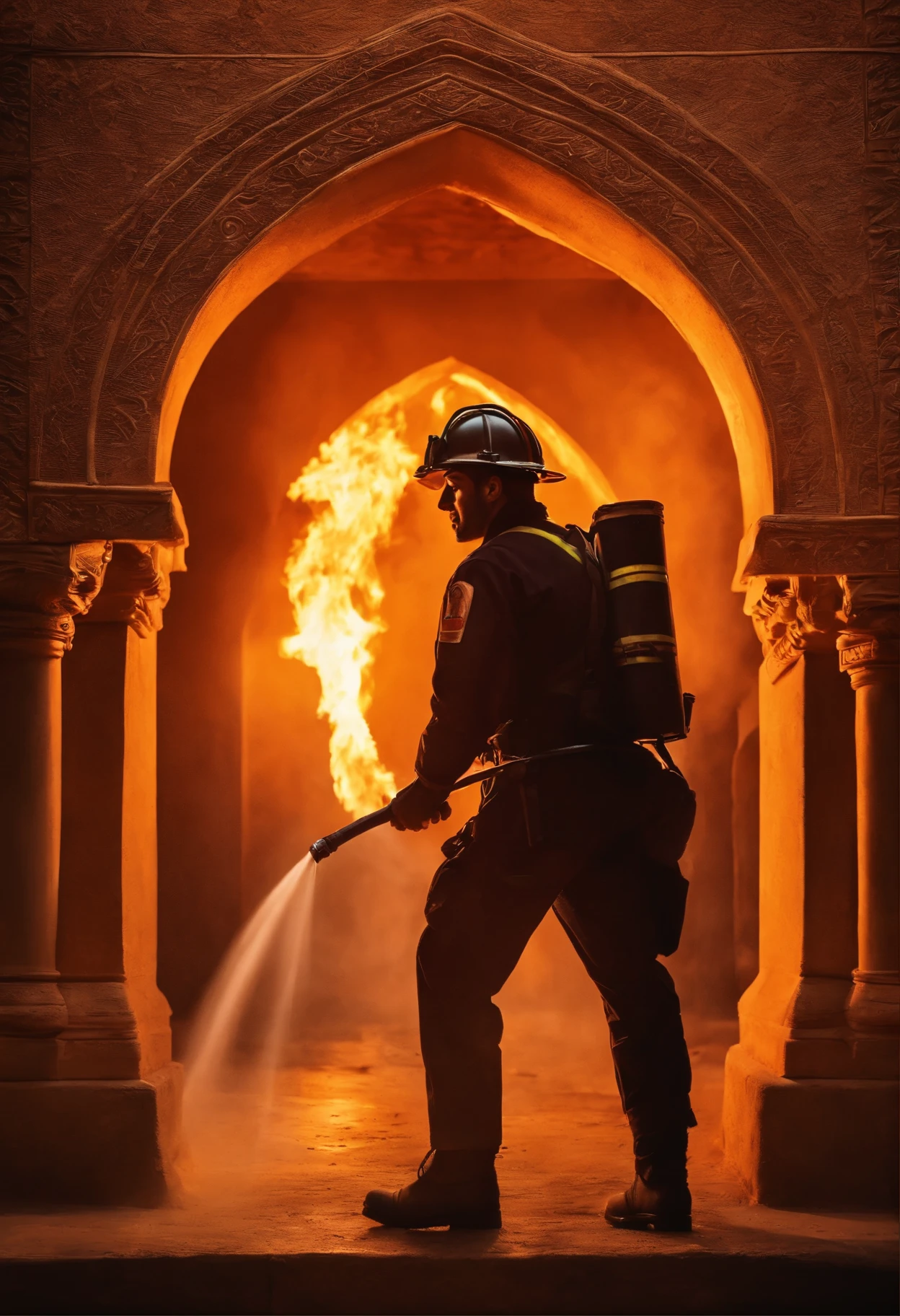 A realistic photography of a firefighter man who has hose on his hand and he is mixed by achaemenid soldier and hole area has a persian feeling with backgrounds of persian architecture and surrounded by fire silhouette product close up shot and natural lighting