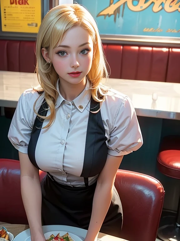 (best quality, 8k, highres, photorealistic:2.0), (solo, one girl:2.0),(lighting: front),(lighting: strong),(ultimate beautiful girl:2.0),(shiny skin),(oily skin),(blonde hair:1.3),(girl tying hair),(american beauty:2.0),Blush brown makeup , dark eye makeup , use pink glossy lipstick,(big beady eyes girl:1.5),(thin girl:1.5),(),(sex appeal:1.7),(sweet smelling girl),(Photographed at a diner in a rural American town.:1.5),(Photographed at an inexpensive restaurant:1.5),(Part-time girl working at a diner:1.5),(She works part-time as a waitress at a diner:1.7),(diner clerk:1.5),(she is wearing a diner restaurant uniform:1.5),(She's wearing a cute diner uniform:1.5),(She loves serving customers at the diner),(she works for low wages:1.5),(she has a nice smile),(her body has charming curves),(she is very sociable),(She is the diner poster girl),(from a very poor family:1.5),(she hides very big breasts under her clothes),(virgin girl),(She is a secret pervert.),(she covertly lewd),(virgin girl),(she looks so erotic),(Preserve virginity for devout Christians)