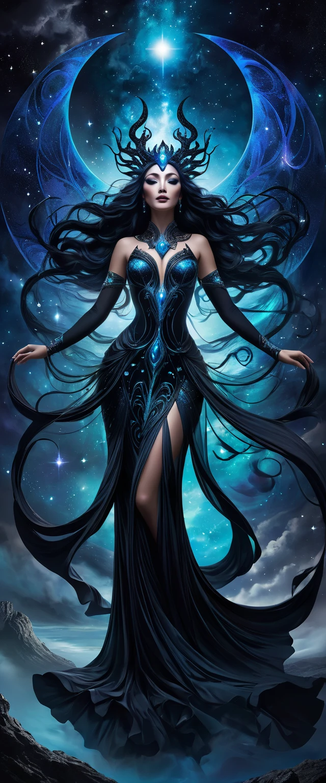 Goddess of the undead as a woman,displaying her own power.((resurrection,unnatural, parasite of life, cold, soulles)),((black,indigo,red)),(( Full figure wiew)). ((Three quarter wiew)).((fractal)),((deep wiew)),warp space scenario background,photographic,ultra high resolution,hyperdetailed, masterpiece, 3d modelling, digital art.