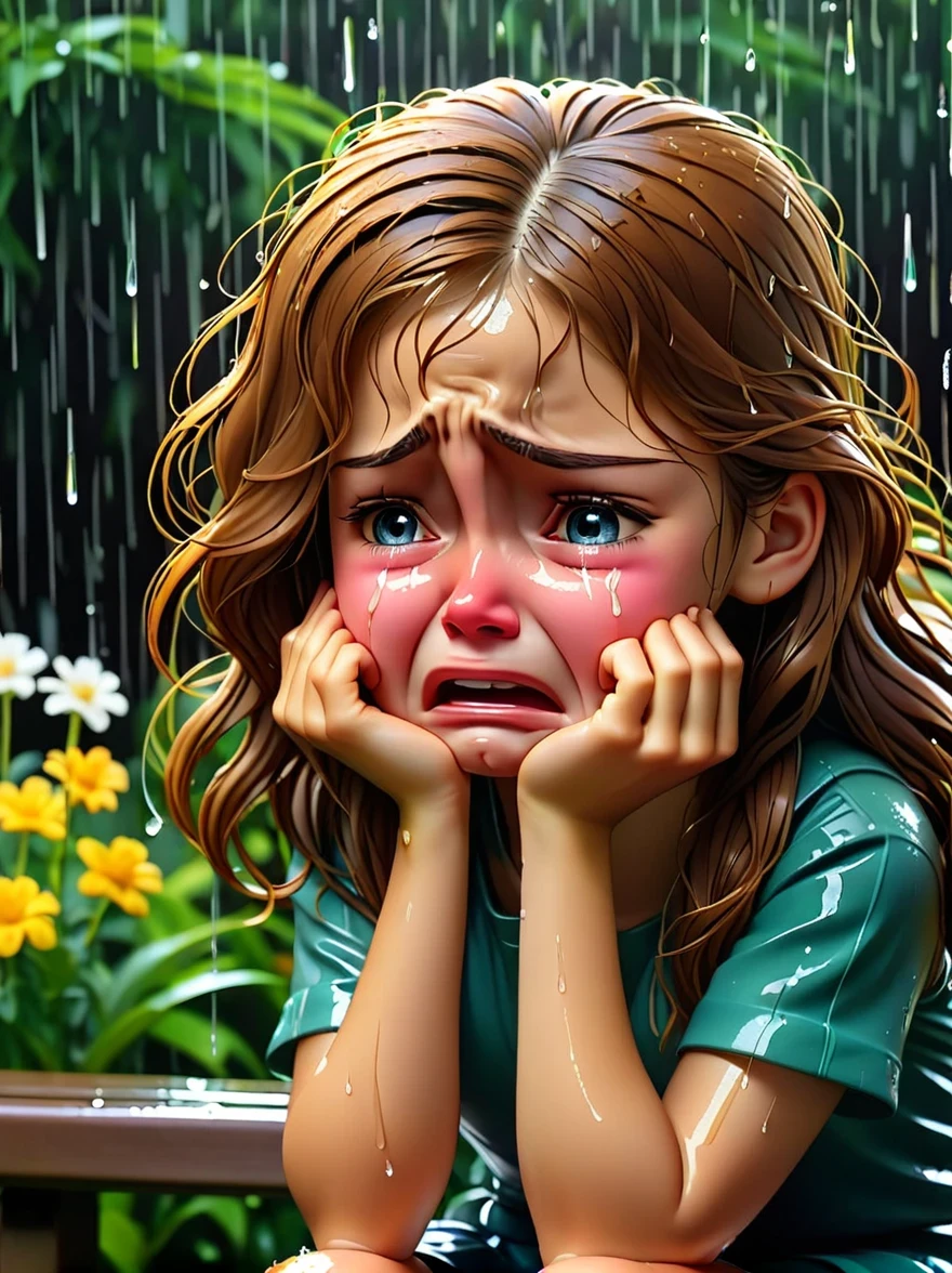 1 girl，sit on bench，close up，wet，(sad cry:1.8)，(burst into tears:1.8)，downpour，garden，cry