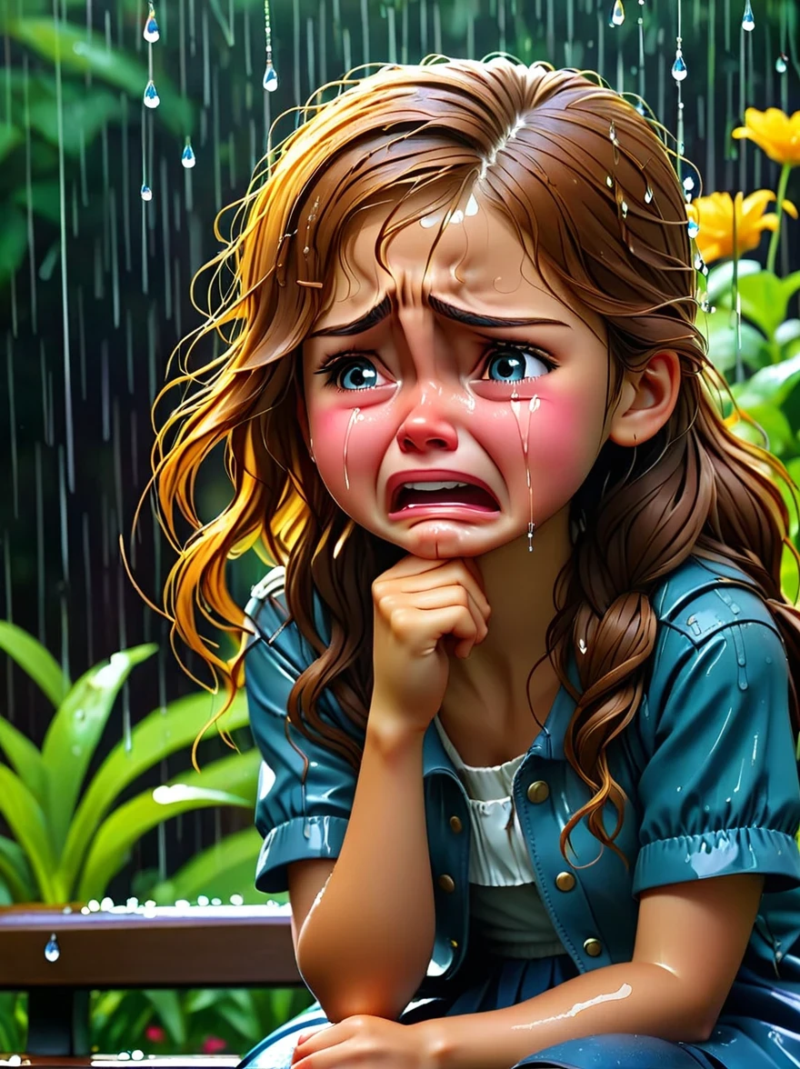 1 girl，sit on bench，close up，wet，(sad cry:1.8)，(burst into tears:1.8)，downpour，garden，cry