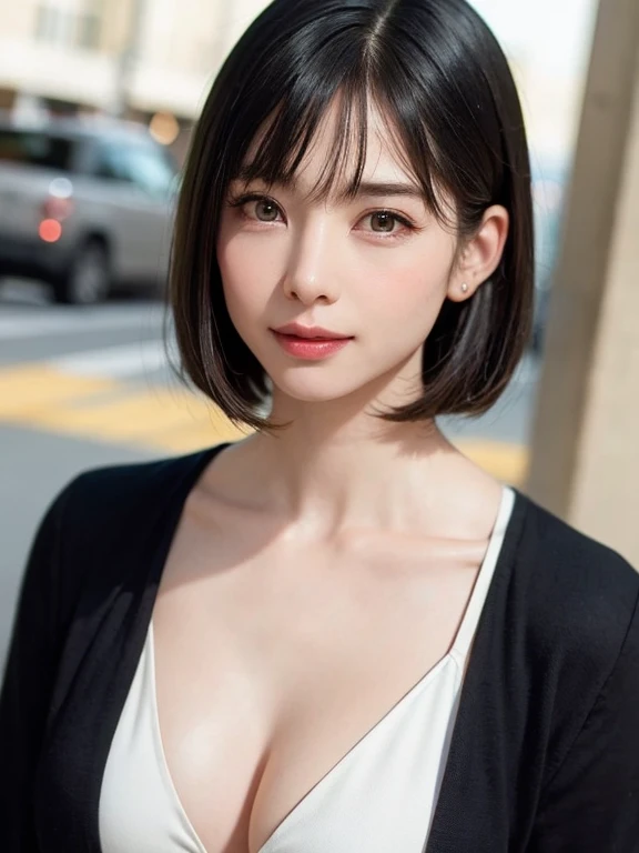 (Masterpiece, Top quality、Very attractive adult beauty、Add intense light to the eyes、Look steadily at the camera),1 girl in, unique, Brunette bangs short bob hair, scarf,really, Looking at viewers, Light brown eyes、coat, Winter clothes, White headscarf, Lips, الانفجارات Lips, Upper body、Big eye、eyelashes)、((Road system in Italy))、((Short bob hair with bangs、Big eye、Make very strong points in your students、Very large breasts、Stare at the viewer、Very beautiful beauty、Take your ears out、long neck、Smiles a little、Beautiful teeth、Open your mouth and smile))、28 years、Very cute fashion model、com.colorfull
