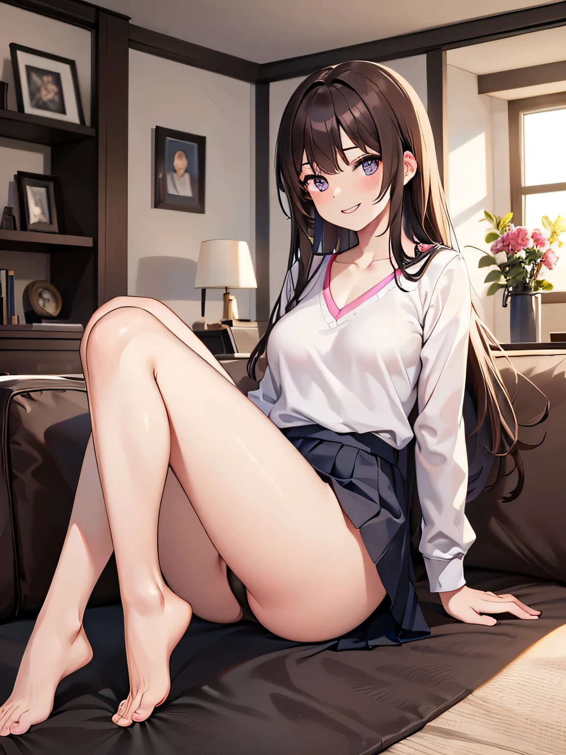 (1) there is one woman, She rolls up her skirt to show her beautiful legs,
(2) she is standing, I would like you to draw a picture of the whole body with legs visible.,
(3) The woman wears a blue V-neck knit and a black pleated miniskirt,
(4) her panties, slightly exposed, It is pink and has a flashy pattern.,
(5) The woman has medium-long brown hair., shining eyes, and provocative, grinning expression,
(6) The location is the living room of the apartment.,
(7) highest quality, High resolution, realistic pictures, realistic skin,
