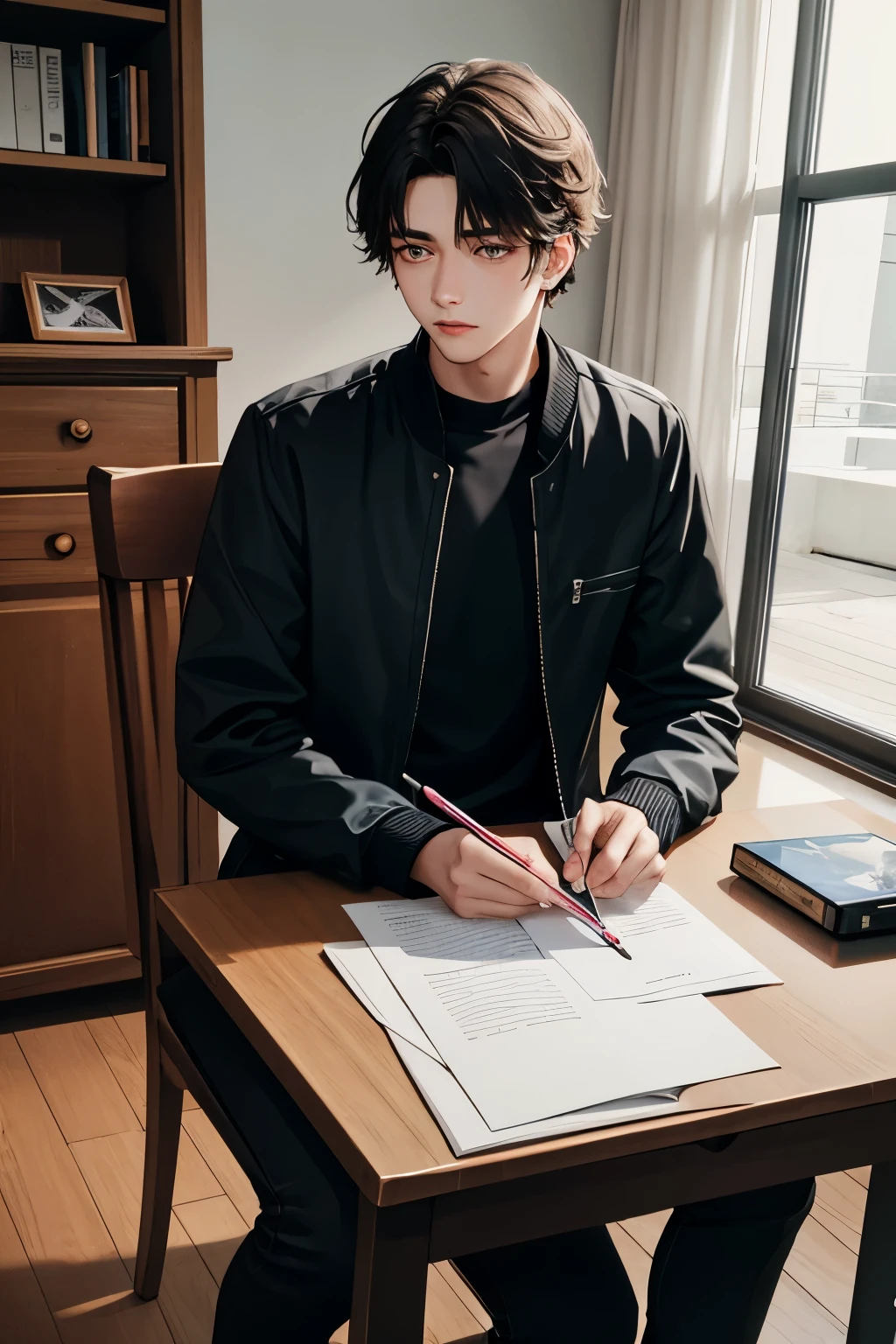 photography of a 20yo boy, perfect face, masterpiece, jacket, black_, chair, study,
BPSC 2025
NAME_SONU 