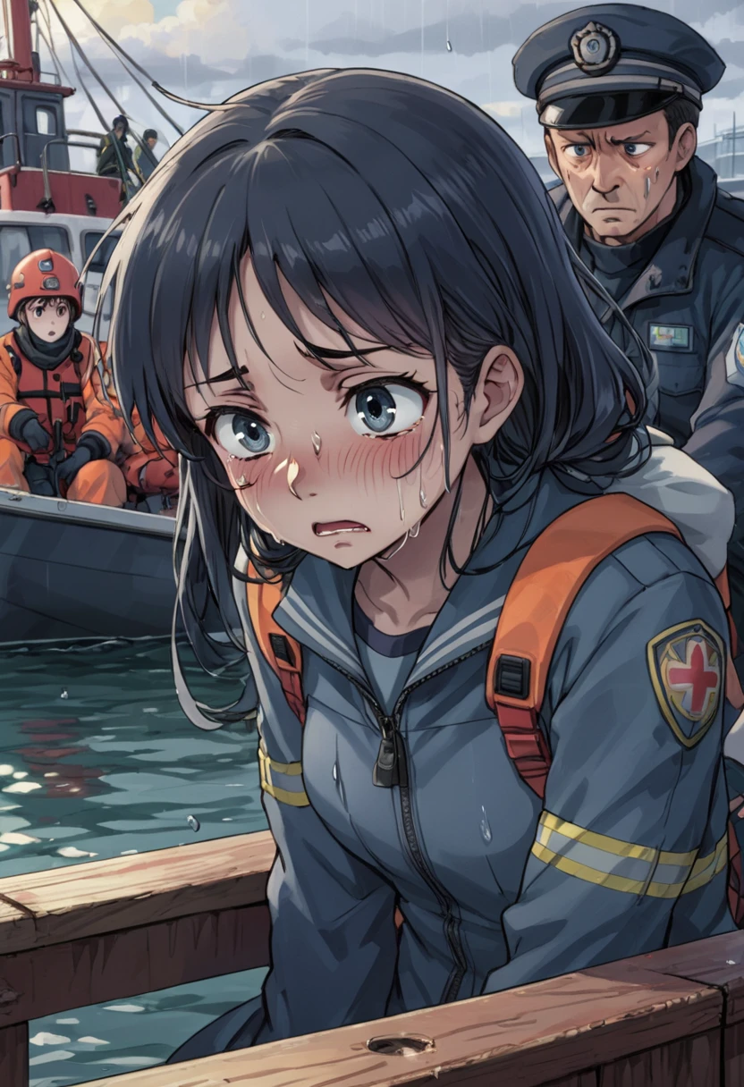 comic art style, anime realism, (sad crying, shed tears:1.5), girl on boat, scared, cold, with rescue team, wail, yowl, (best quality, perfect masterpiece, Representative work, official art, Professional, high details, Ultra intricate detailed:1.3)