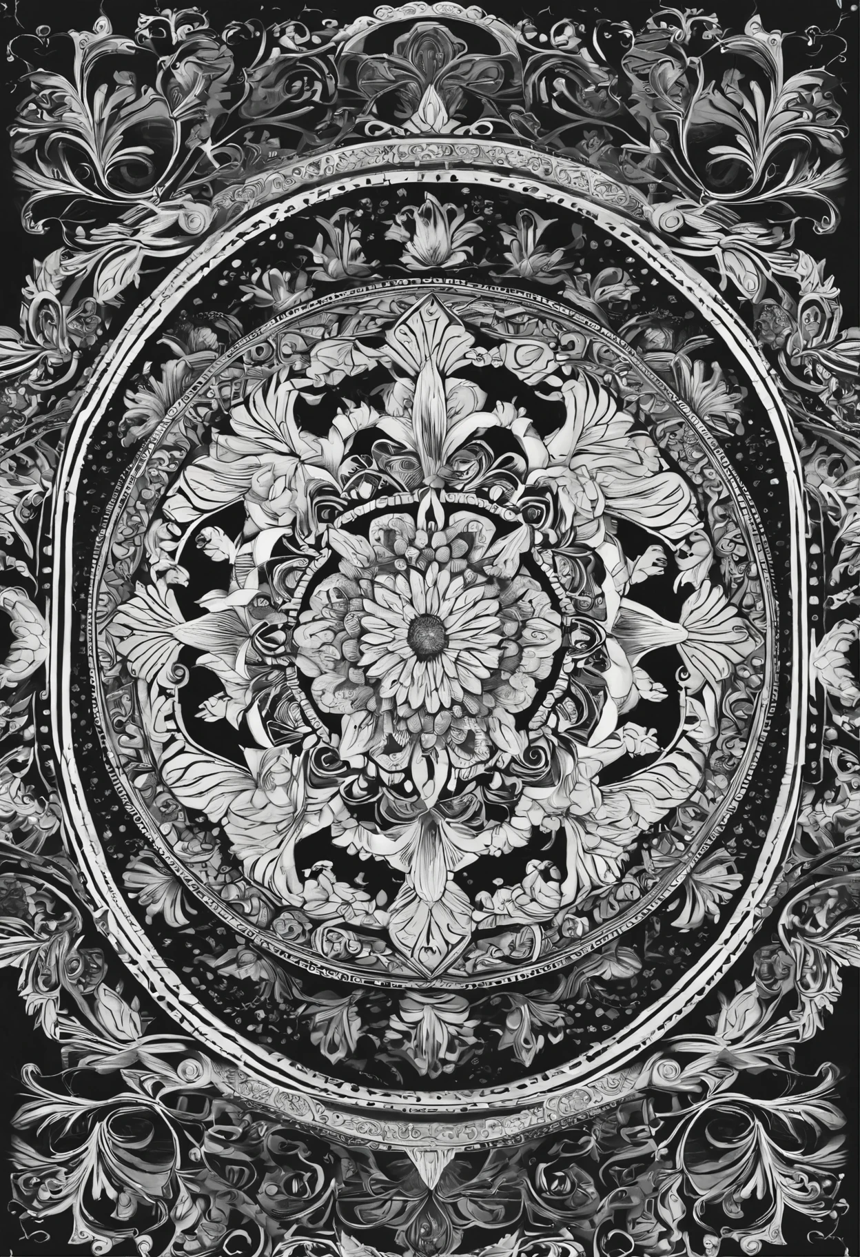 Quiero una imagen para un tatuaje blanco y negro, el tatuaje tiene que cubrir el pecho completo y hombros, en los hombros tiene que tener un cubo de metatron, las figuras en el pecho tienen que ser mandalas en forma de flor de loto y que tengan un efecto de profundidad.