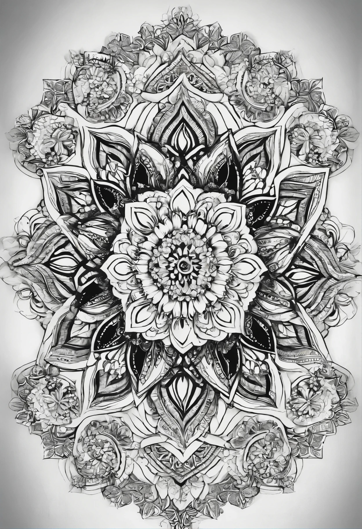 Quiero una imagen para un tatuaje blanco y negro, el tatuaje tiene que cubrir el pecho completo y hombros, en los hombros tiene que tener un cubo de metatron, las figuras en el pecho tienen que ser mandalas en forma de flor de loto y que tengan un efecto de profundidad.
