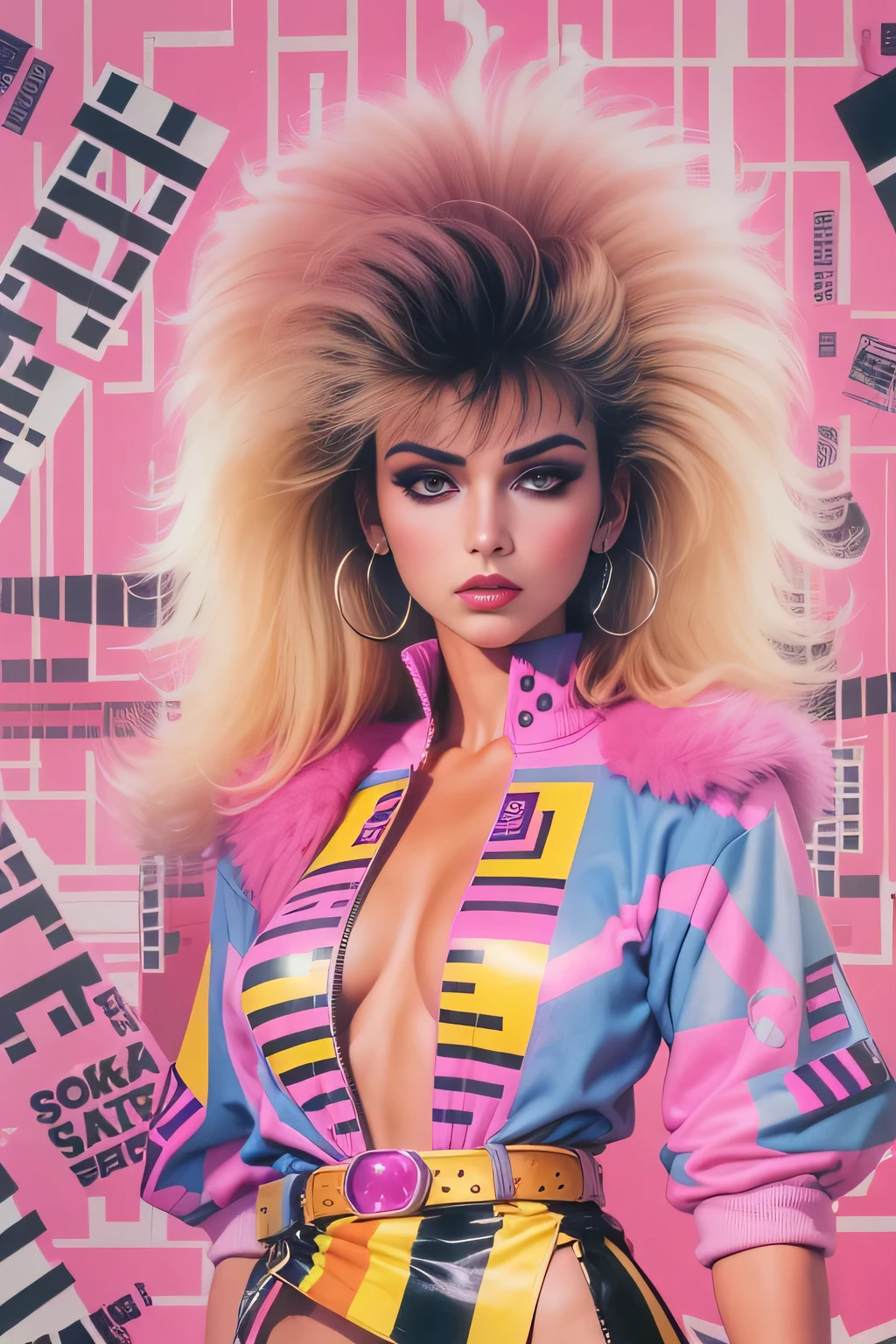 1980s, 1girl, siouxsie, kim bassinger, punk, pastels, sfw, dynamic, 80s barbie clothes, 80s movie poster art style, pattern background