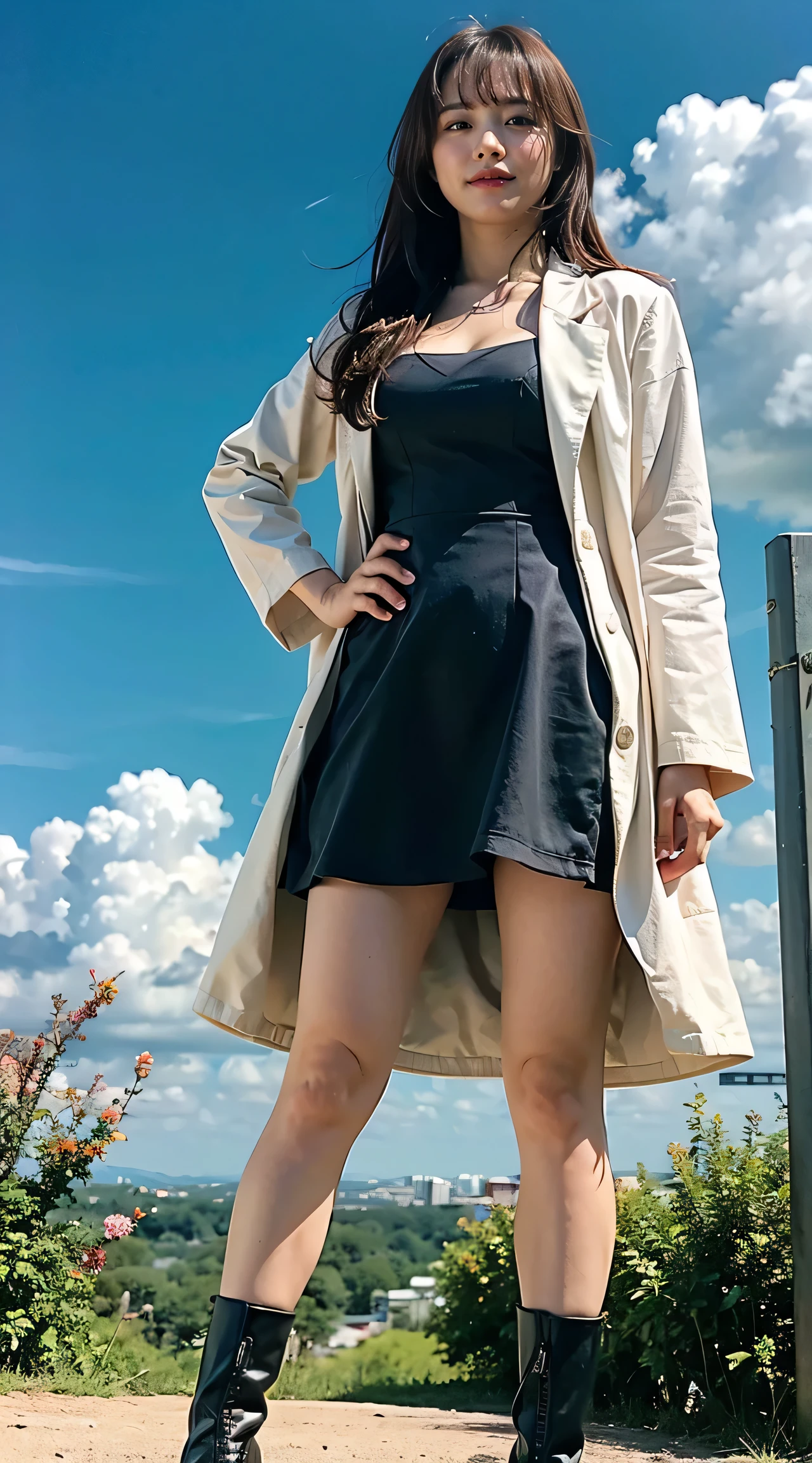 (8K、Raw photo、highest quality、masterpiece:1.2)、(realistic、Photoreal)、1 girl、((black and white dress、coat、rippled and mysterious、big sleeve、I can see your feet、boots、big breasts、Seen from the front、stand with legs apart、))、lots of eyelashes、Glitter on your eyelids、skeletally correct、sweaty body、Beautifully aligned fingertips、smile、standing with hands on hips、above the sky