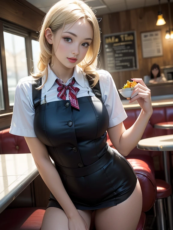 (best quality, 8k, highres, photorealistic:2.0), (solo, one girl:2.0),(lighting: front),(lighting: strong),(ultimate beautiful girl:2.0),(shiny skin),(oily skin),(blonde hair:1.5),(girl tying hair),(american beauty:2.0),Blush brown makeup , dark eye makeup , use pink glossy lipstick,(big beady eyes girl:1.5),(thin girl:1.5),(baby face girl),(sex appeal:1.7),(sweet smelling girl),(Photographed at old diner in a rural American town.:1.5),(Photographed at an inexpensive restaurant:1.5),(Part-time girl working at a diner:1.5),(She works part-time as a waitress at a diner:1.7),(diner clerk:1.5),(she is wearing a diner restaurant uniform:1.5),(She's wearing a cute diner uniform:1.5),(she carries the food for the guests),(She loves serving customers at the diner),(she works for low wages:1.5),(she has a nice smile),(her body has charming curves),(she is very sociable),(She is the diner poster girl),(from a very poor family:1.5),(she hides very big breasts under her clothes),(virgin girl),(She is a secret pervert.),(she covertly lewd),(virgin girl),(she looks so erotic),(Preserve virginity for devout Christians),(She doesn't like being wooed by diner customers.)