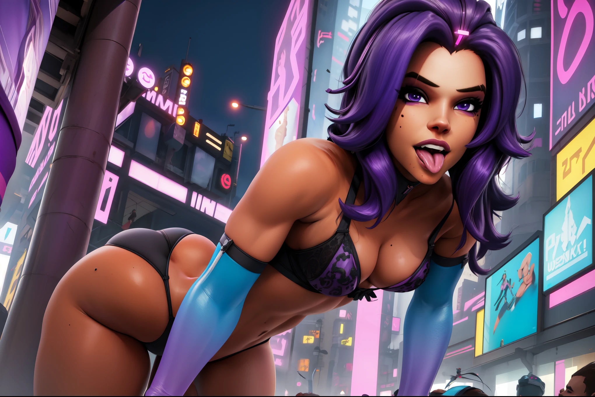 sombra, purple hair,  purple eyes,  mole under eye, open mouth, tongue out
elbow gloves, lewd thong, bra, nsfw   light smile, small breasts, 
looking at viewer, front view
day, crowded city,  outside
(insanely detailed, beautiful detailed face, beautiful detailed eyes, masterpiece, best quality),solo, 
cyberpunk,  