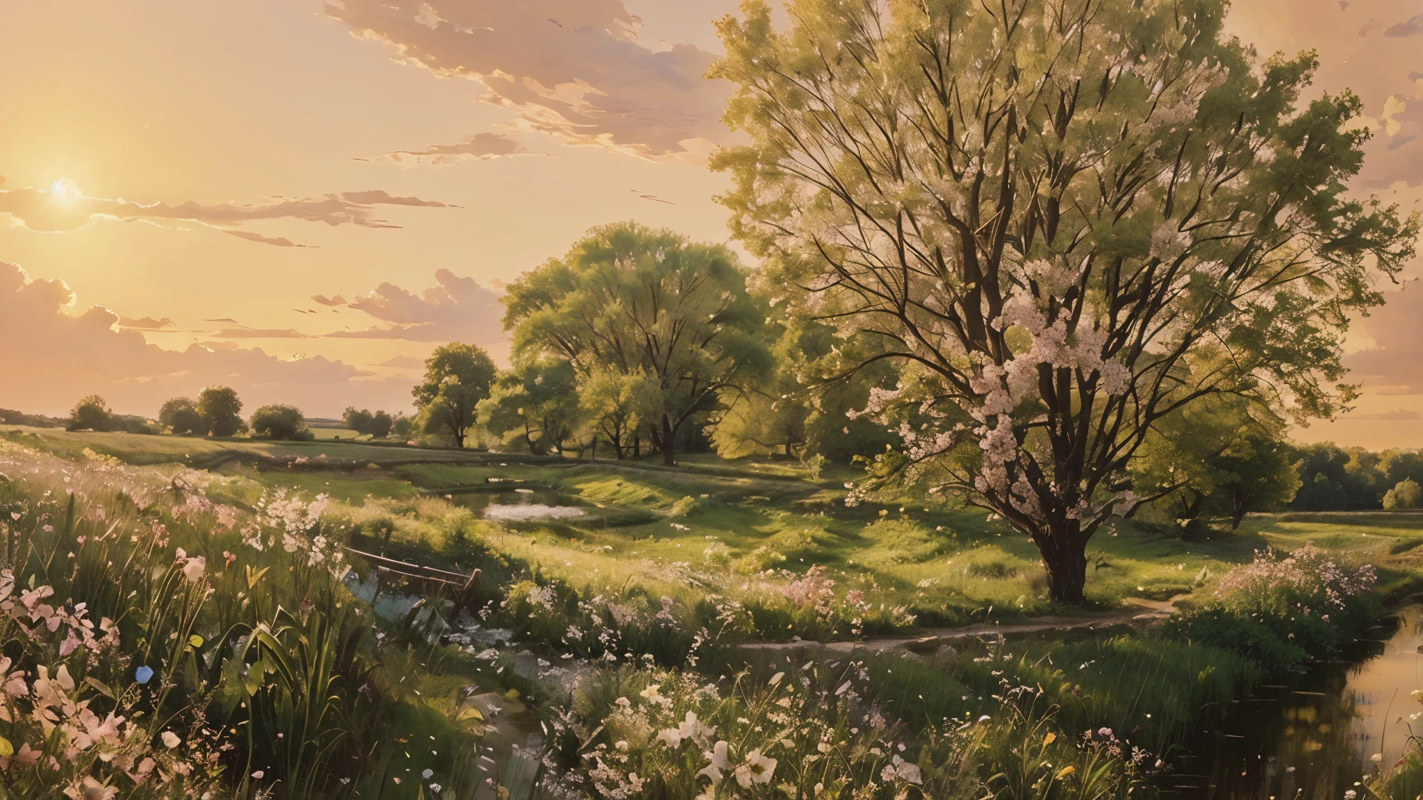 À la Fed view of a creek flowing through a lush field, Spring sunrise, a beautiful scenery, early morning in spring, beautifully lit landscape, peaceful scenery, Spring evening, pink flower field, Sunny steppe, beautiful scenery, spring morning, Gentle field settings, Meadow with flowers, beautiful dreamy landscape, 暖かくbeautiful scenery, beautiful scenery, beautiful environment