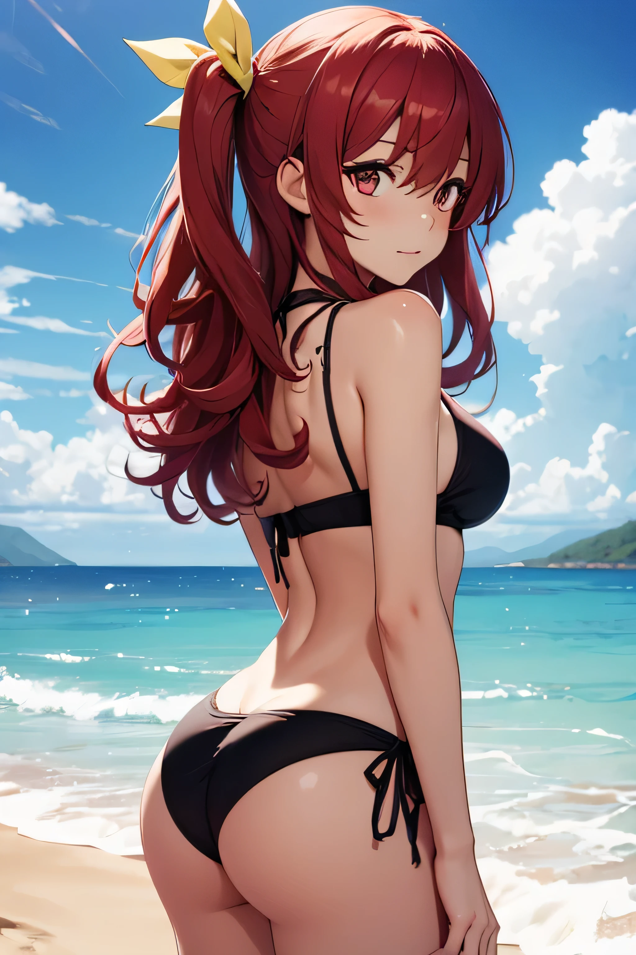 absurdres, high res, ultrasharp, 8K, {masterpiece}, expressive eyes, extremely detailed, best quality, perfect face, Stella Vermillion, 1girl, ruby eyes, long hair, yellow ribbon, crimson hair, hair ribbon, solo, beach, pleased, bikini,  standing, showing the ass,