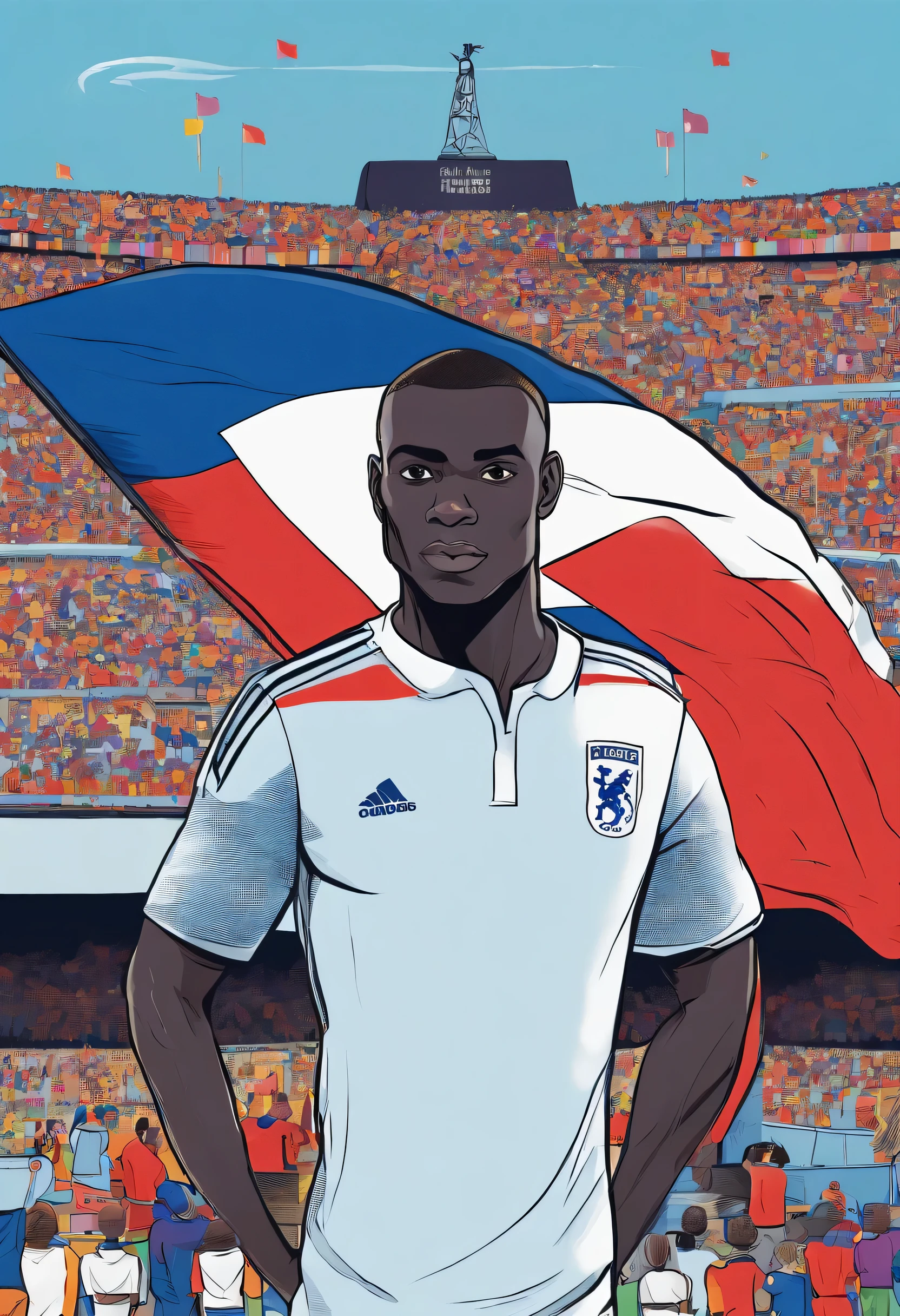 N'Golo Kante holds his hands behind his back., humble position, standing on a football field, in the uniform of the Chelsea football team, with a beautiful French flag in the background