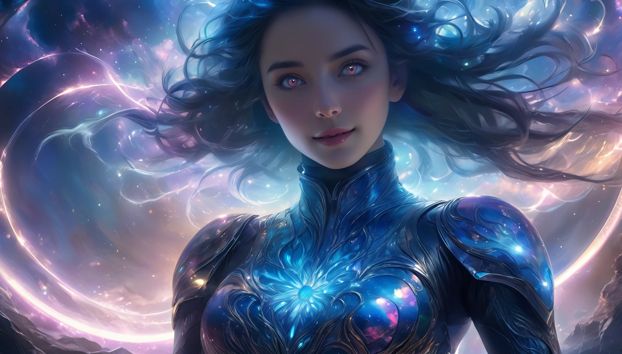 (1 beautiful teenage Italian girl),(wears iridescent bodysuit with beautiful fractal or marble design:1.5),(She wears gauntlets with a detailed and very beautiful design decorated with jewels:1.6), ((She is showing her armpits:1.6)), (erotic pose:1.6), (model pose:1.6), incredibly spectacular scene, ((high quality)), ((fantasy)), blue plasma brain, green plasma body, obscene, average, (despicable:1.2), (immoral:1.2), (Small breasts with beautifully raised pink areolas:1.5), (expression of ecstasy:1.2), hyper realistic photo, official art, Unity 8K Wallpaper, 8K portrait, high quality, very high resolution, (incredibly beautiful nature background:1.6), (18-year-old:1.5), (sexy and glamorous:1.1), (coquettish expression:1.6), (smile seductively:1.6), beautiful seductive face, portrait, (thick eyebrows:1.4), Beautiful eyes with high bilateral symmetry, (highly detailed eyes:1.4),(highly detailed face and eyes:1.7), (High resolution opal eyes:1.6),  (Super detailed skin texture:1.4), super detailed pale skin, perfect anatomy, thin, (Beautiful muscular toned body:1.6), highly detailed jet black hair,  (moist skin:1.2), no makeup, (Bear:1.1), excellent anatomy, Focus plane, good looking, (Emilia clarke:0.1) (Emma watson:0.3),(Jennifer connelly:0.24),  (A delicately crafted necklace is wrapped around her neck), (Bioluminescence with a brilliant glow:1.4), (Shining magic circle:1.5), ruins of an ancient castle, Shining majestic clouds and sky, lightning, spectacular realistic, (Greg latkowski:0.8), (teal and orange:0.4), (art station:1.5), cinematic, (NSFW:1.6), dramatic light, (intricate details:1.1),Milky Way, (nebula:1.6), dark Knight, Focus on fully armored body
