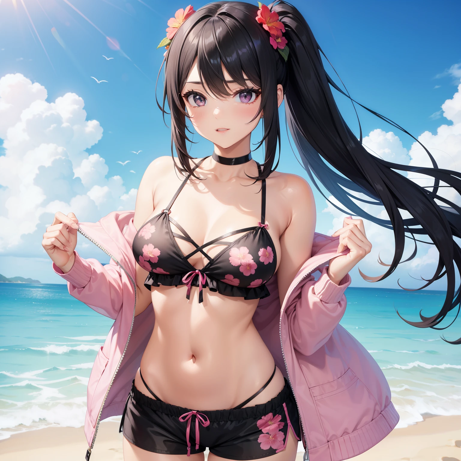 "Stunning sexy woman on the beach in a captivating black and pink floral bralette and shorts."