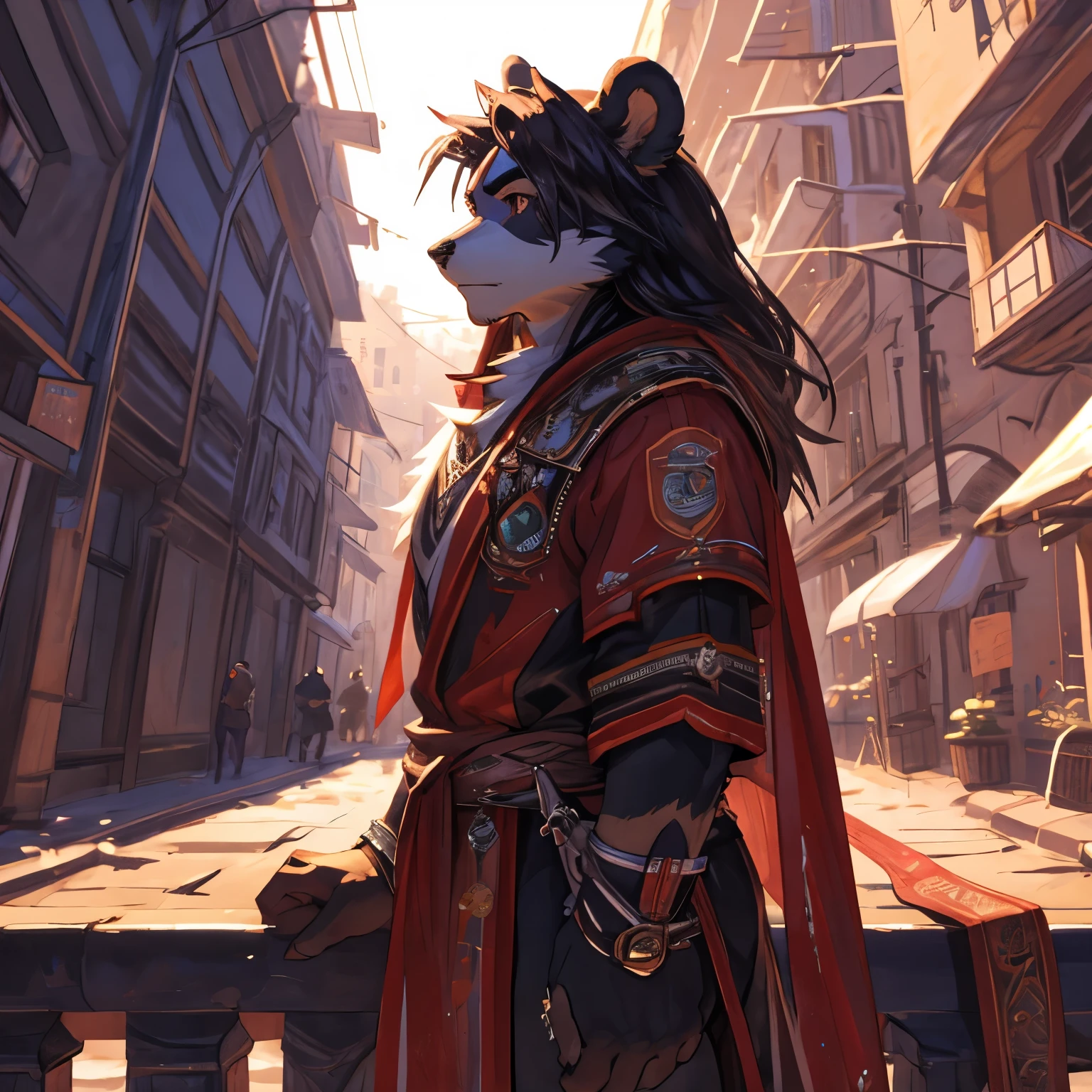 a furry panda with long hair, gazing at a vast horizon with a city, under the setting sun, (best quality, highres, ultra-detailed), (realistic:1.37), detailed fur, expressive eyes, serene expression, flowing fur in the breeze, vibrant colors, soft lighting, (concept art:1.1), (landscape:0.9), (bokeh)